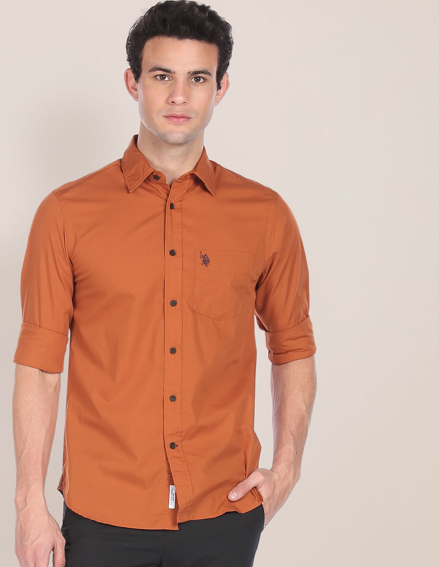 Men Rust Spread Collar Solid Casual Shirt Rust - U.S. POLO ASSN. | Large