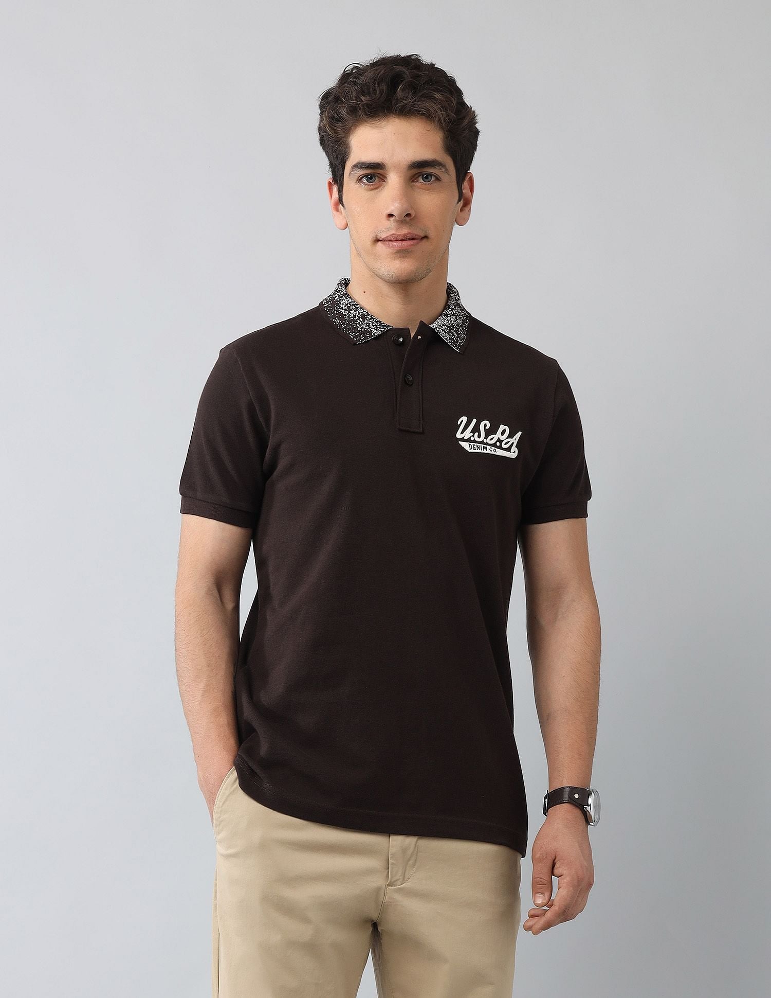 Muscle Fit Brand Printed Polo Shirt Dark Brown - U.S. Polo Assn. India | Large