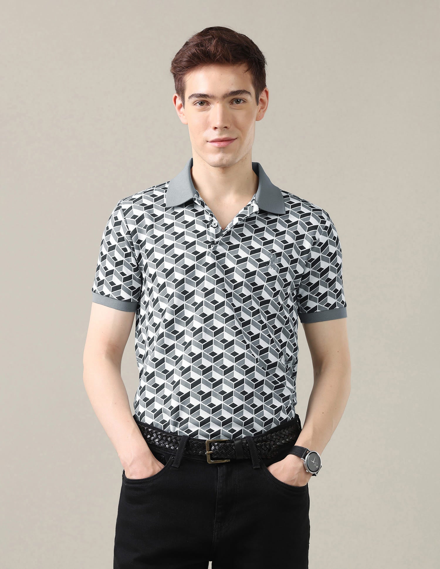 Geometric Printed Slim Fit Polo Shirt Grey - U.S. Polo Assn. India | Large