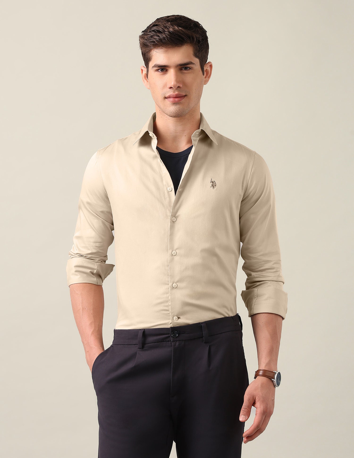 Satin Tailored Fit Shirt Beige - U.S. Polo Assn. India | Large