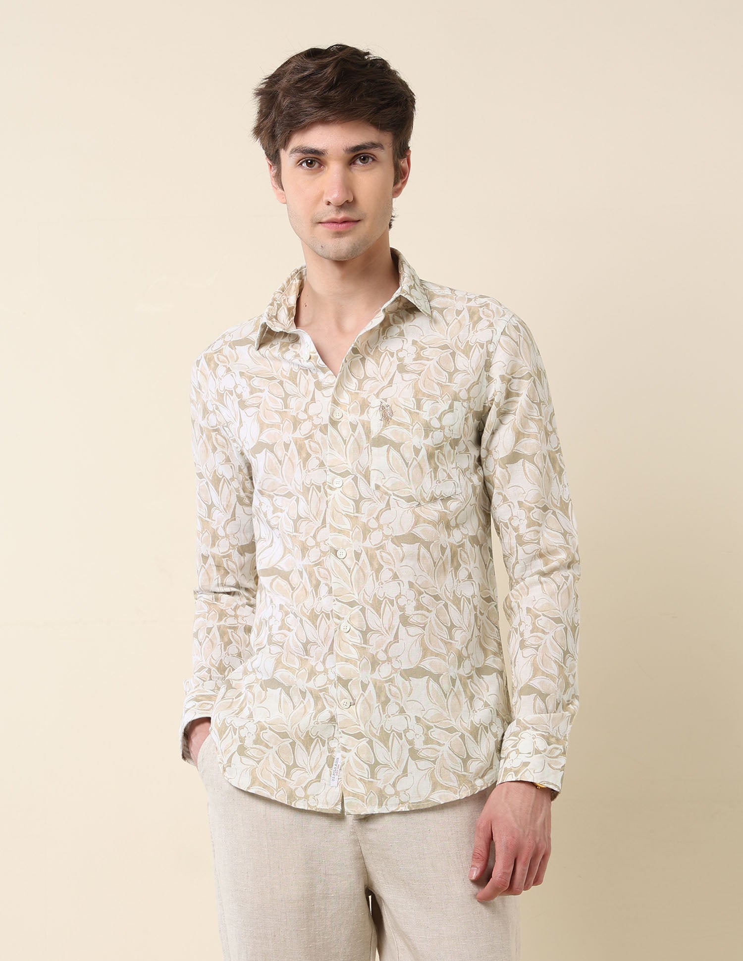 Tropical Printed Tailored Fit Shirt Light Olive - U.S. Polo Assn. India | Large