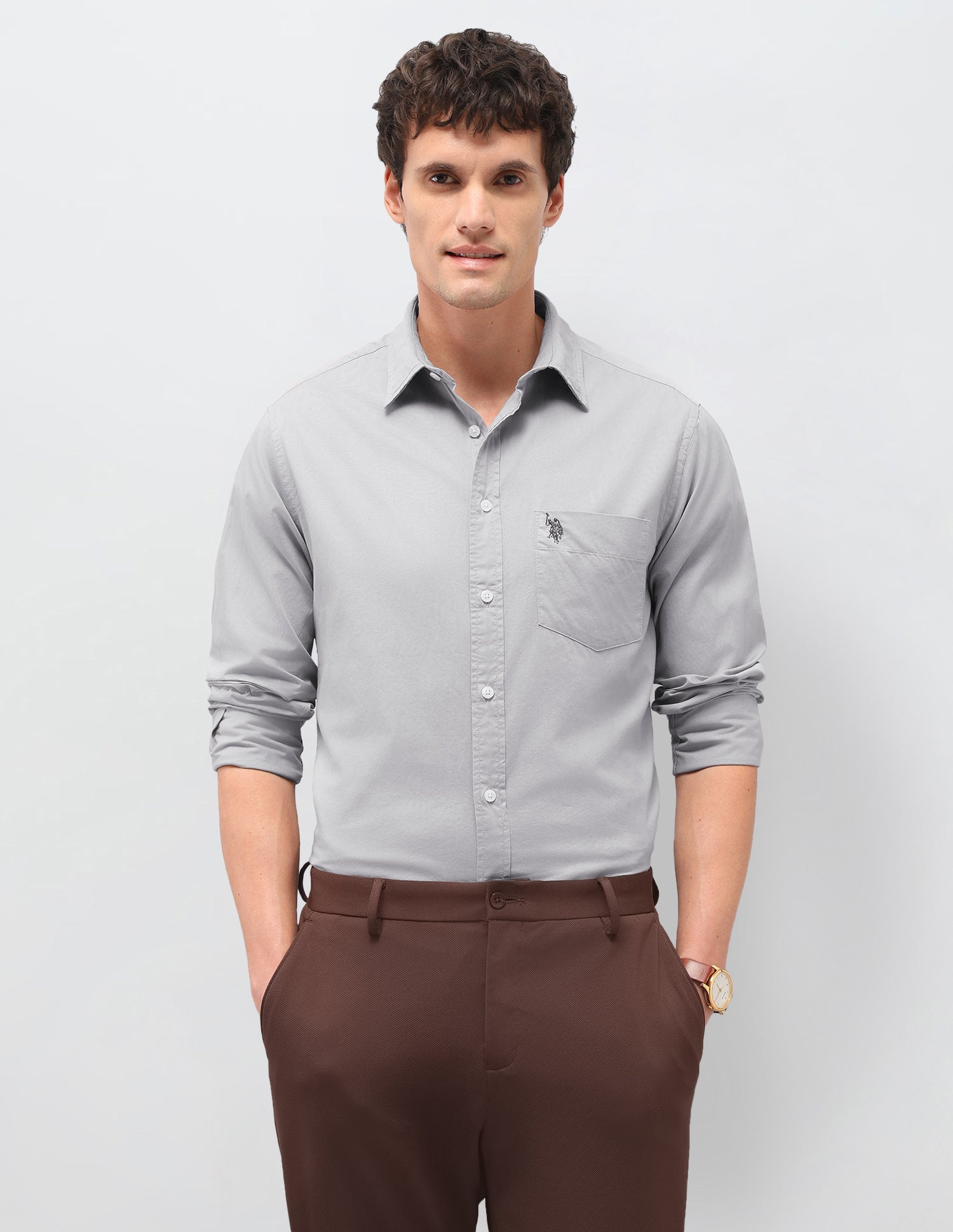 Twill Solid Shirt Light Grey - U.S. Polo Assn. India | Large