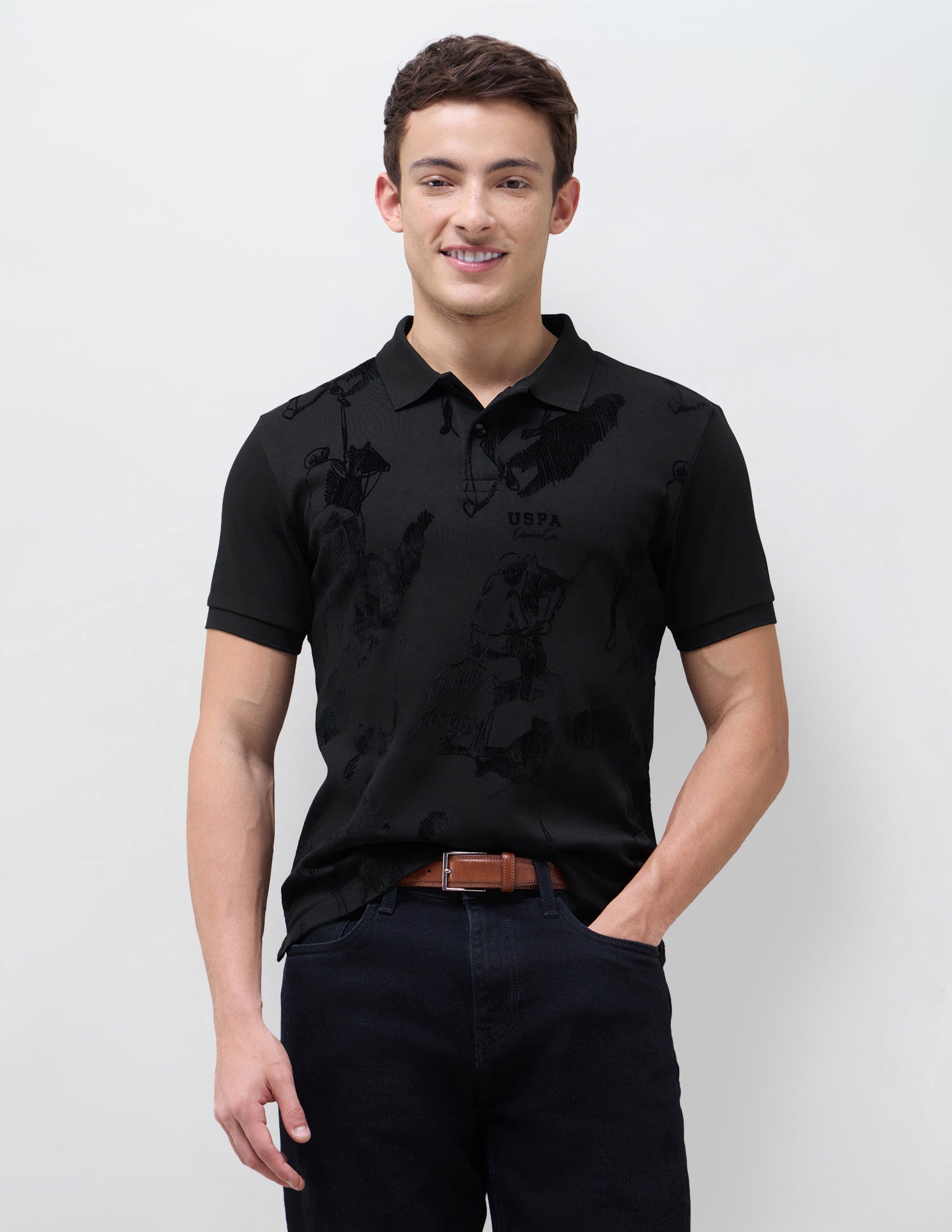 Graphic Brand Patterned Knit Polo Shirt Black - U.S. Polo Assn. India | Large
