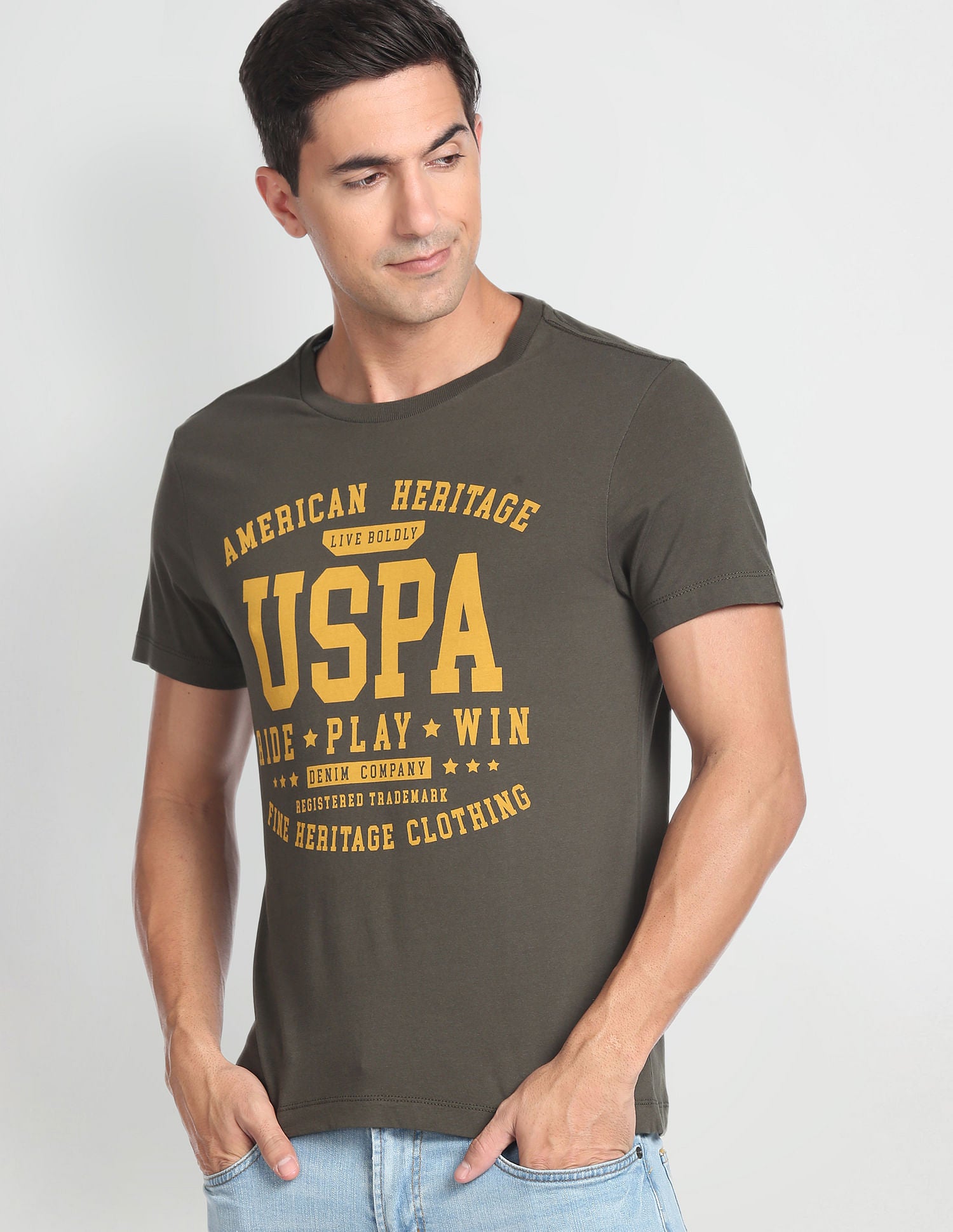 Crew Neck Typographic Print T-Shirt Olive - U.S. Polo Assn. India | Large