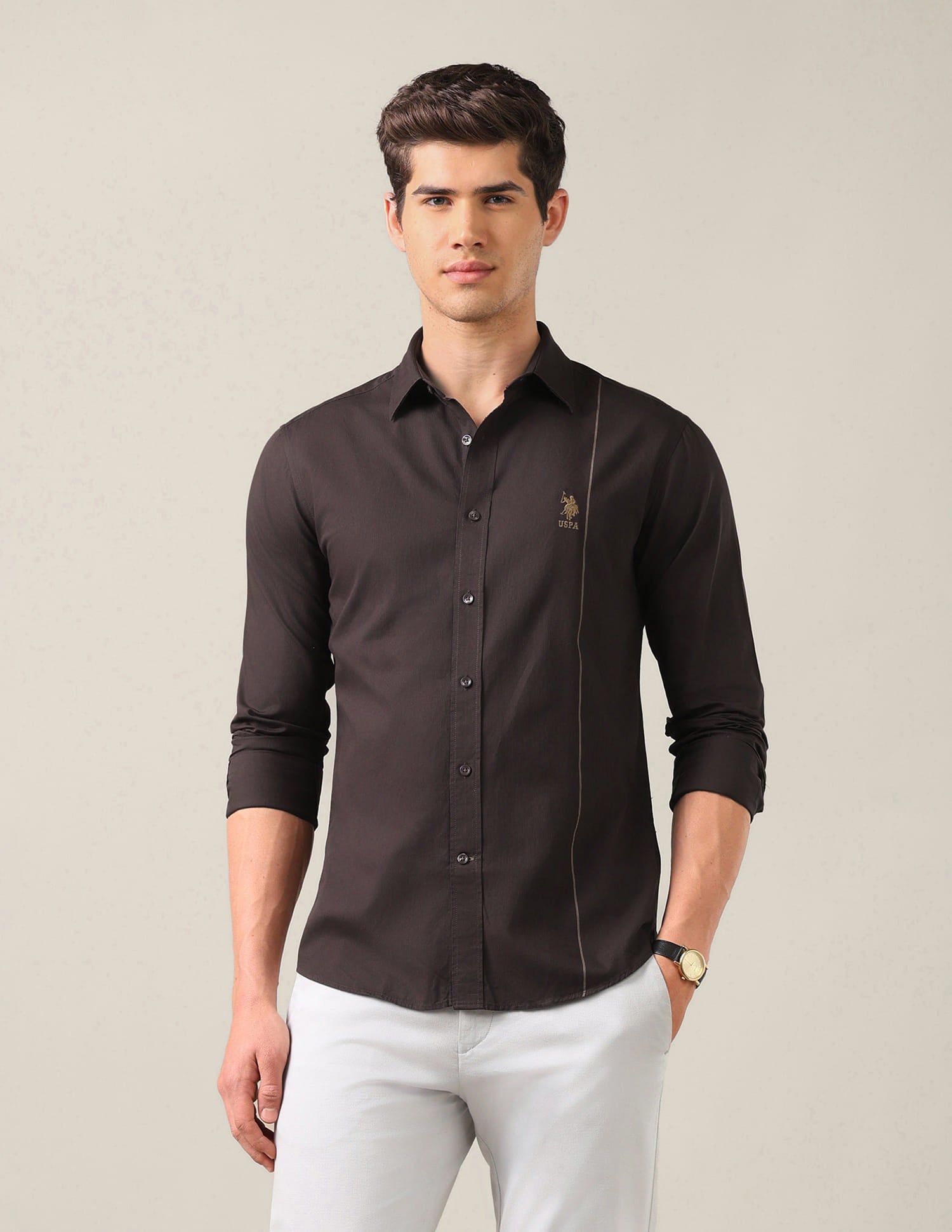 Tailored Fit Dobby Shirt Brown - U.S. Polo Assn. India | Large