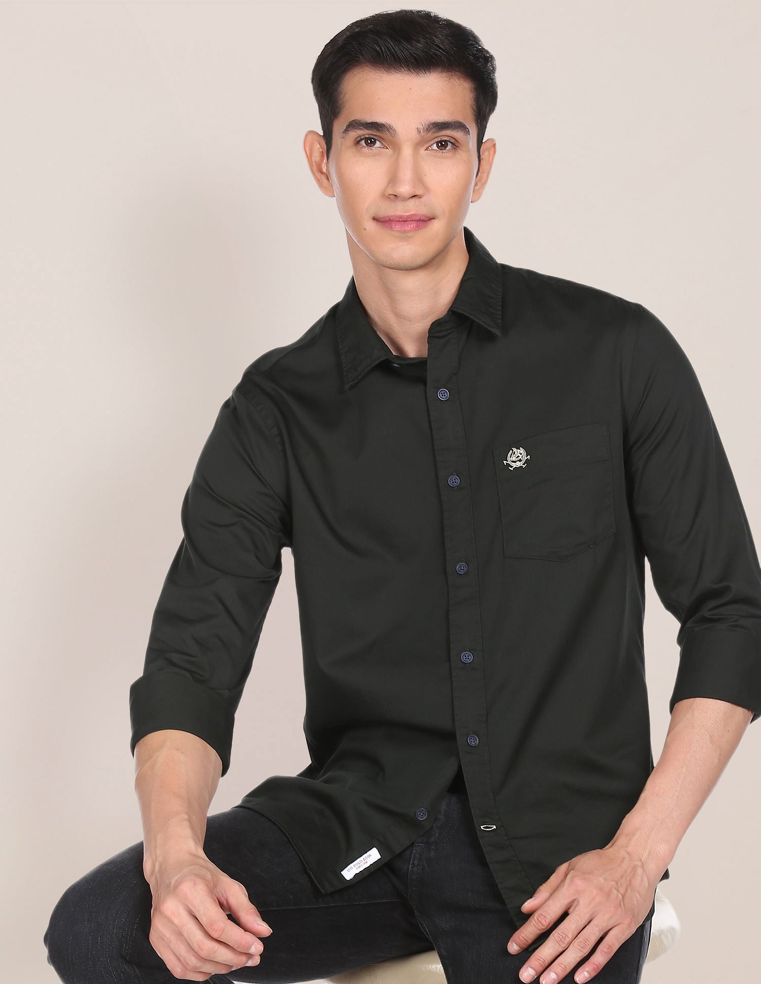 Tailored Regular Fit Solid Casual Shirt Dark Green - U.S. Polo Assn. India | Large