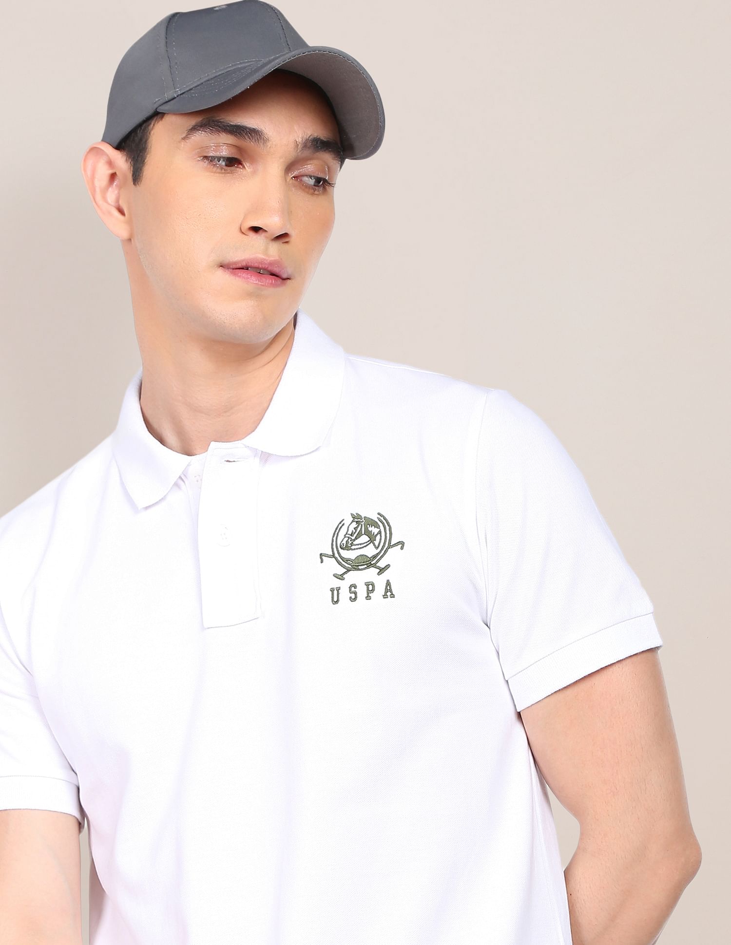 Men White Embroidered Logo Solid Cotton Polo Shirt White - U.S. Polo Assn. India | Large