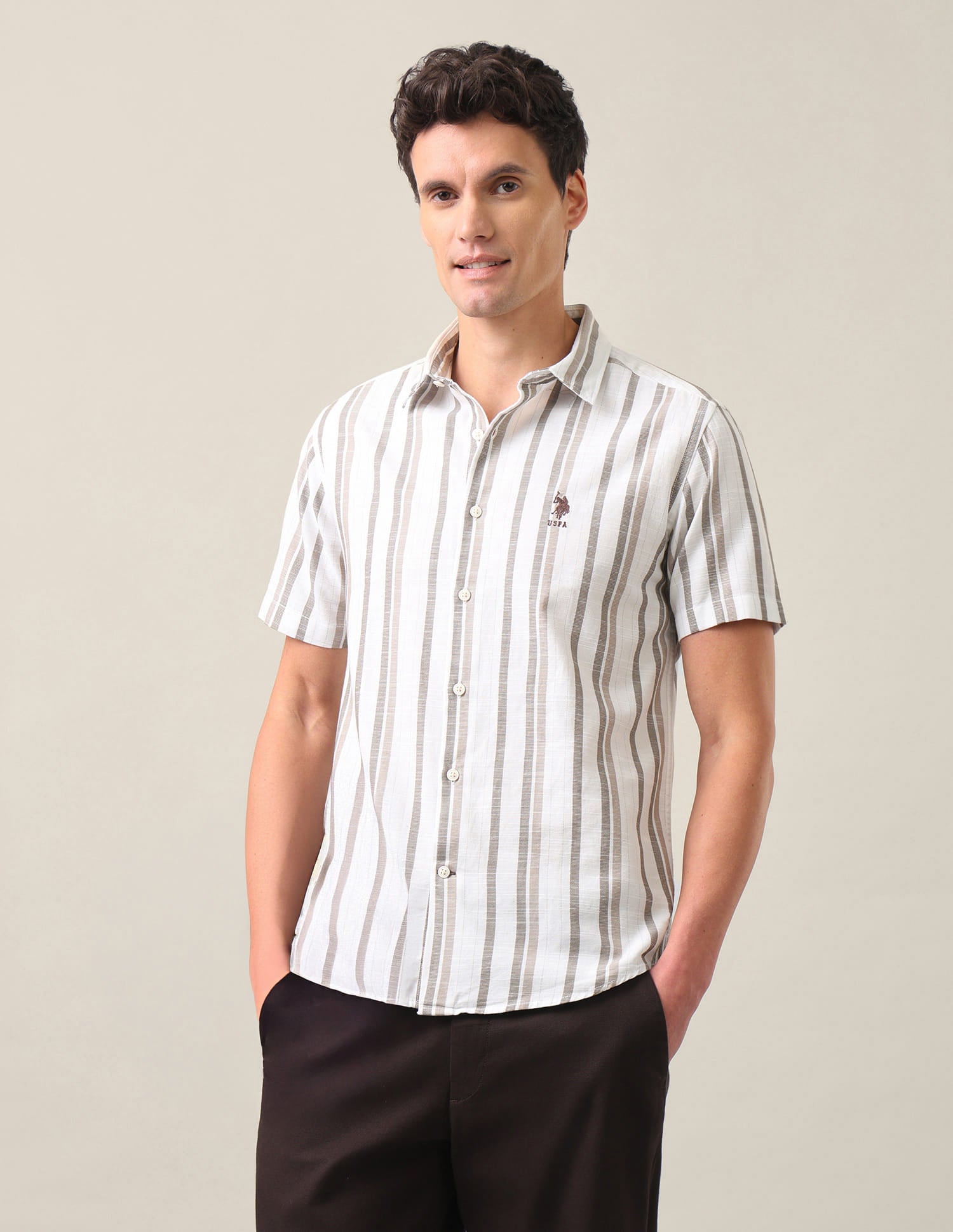 Vertical Striped Regular Fit Shirt Brown - U.S. Polo Assn. India | Large
