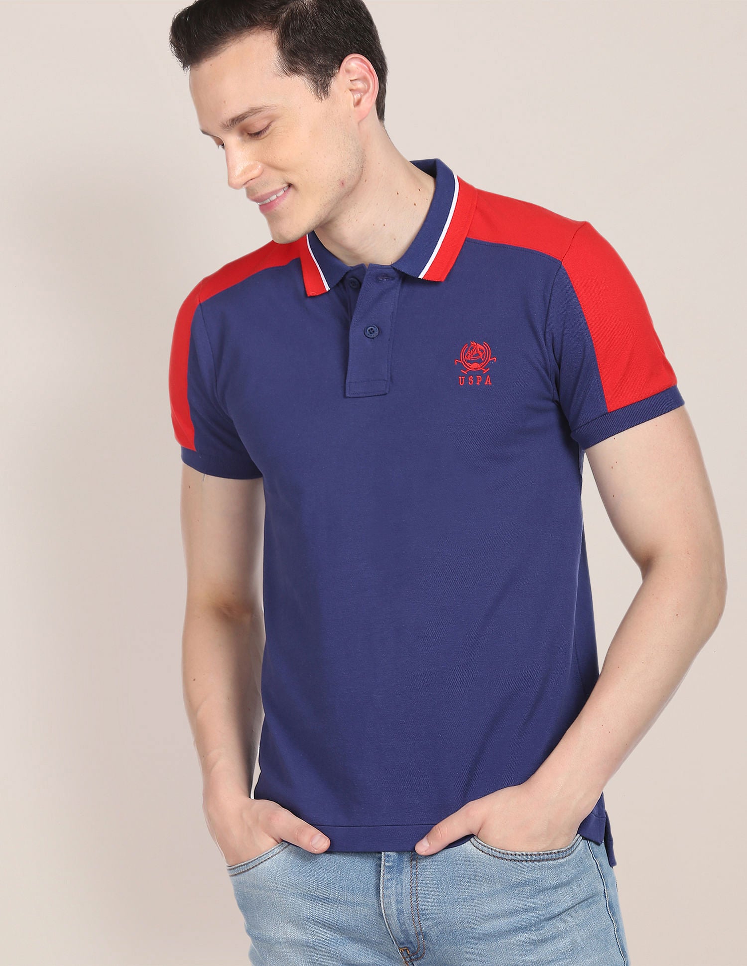 Colour Block Cotton Polo Shirt Dark Blue and Red - U.S. Polo Assn. India | Large