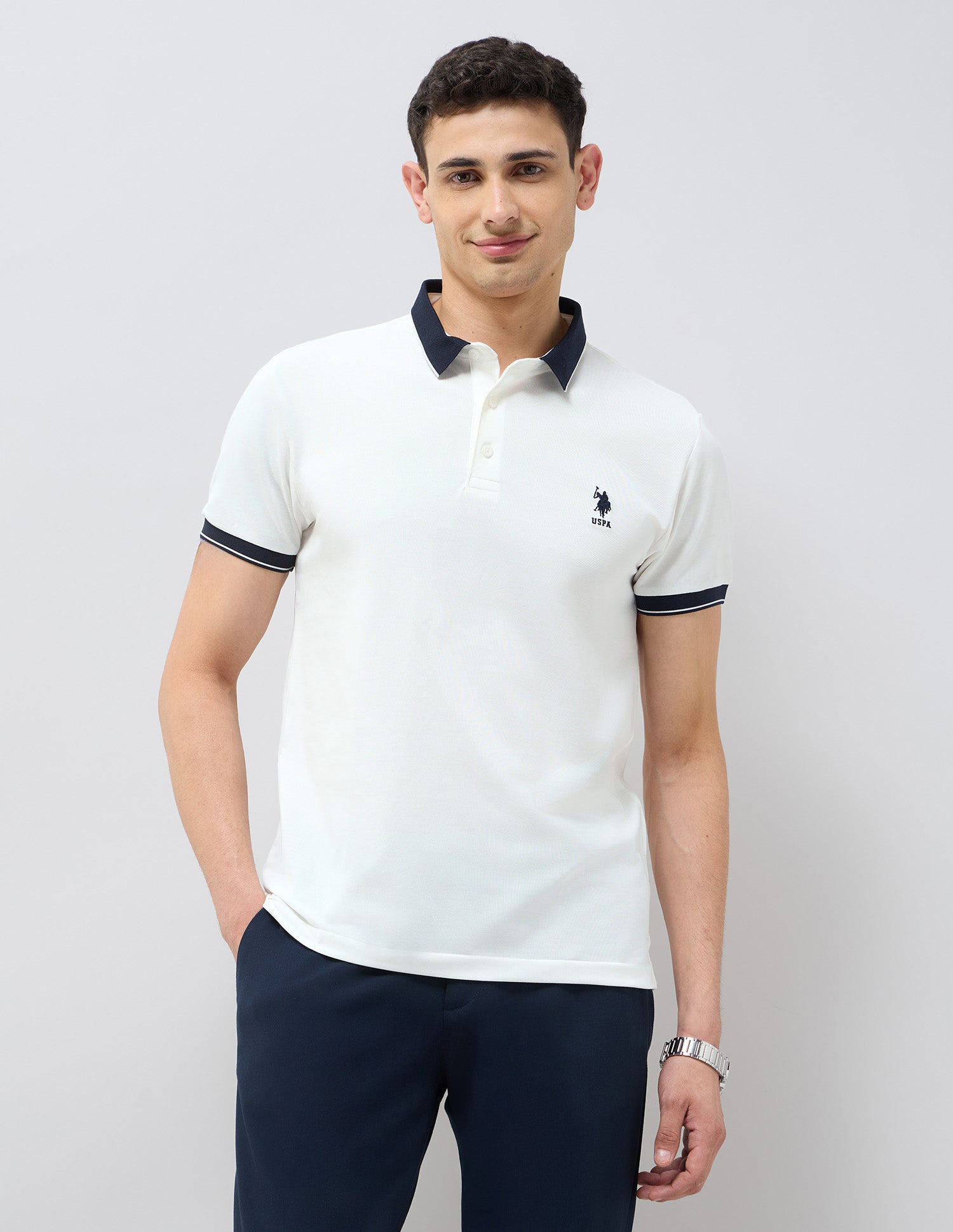 Solid Slim Fit Polo Shirt Off White - U.S. Polo Assn. India | Large