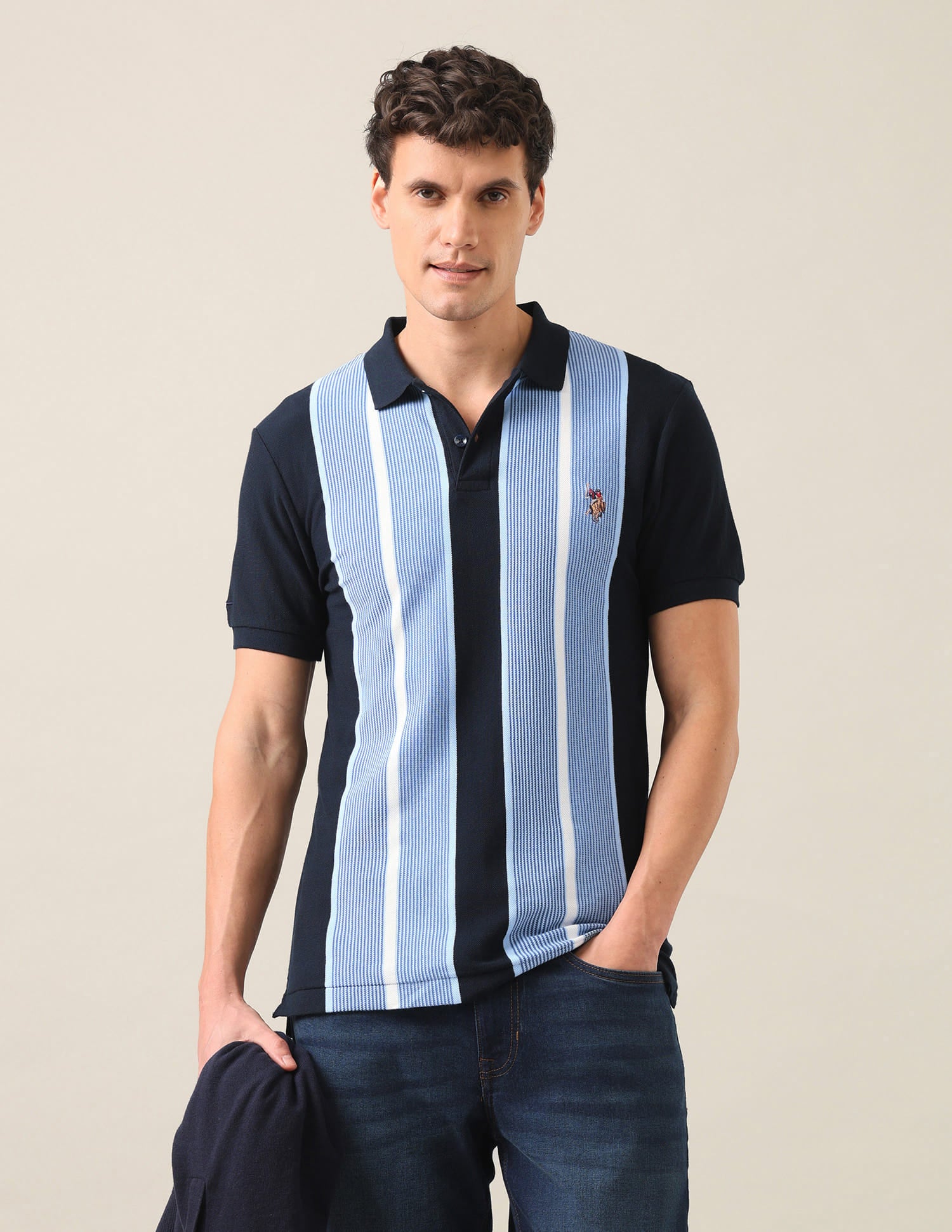 Colourblocked Vertical Striped Slim Fit Polo Shirt