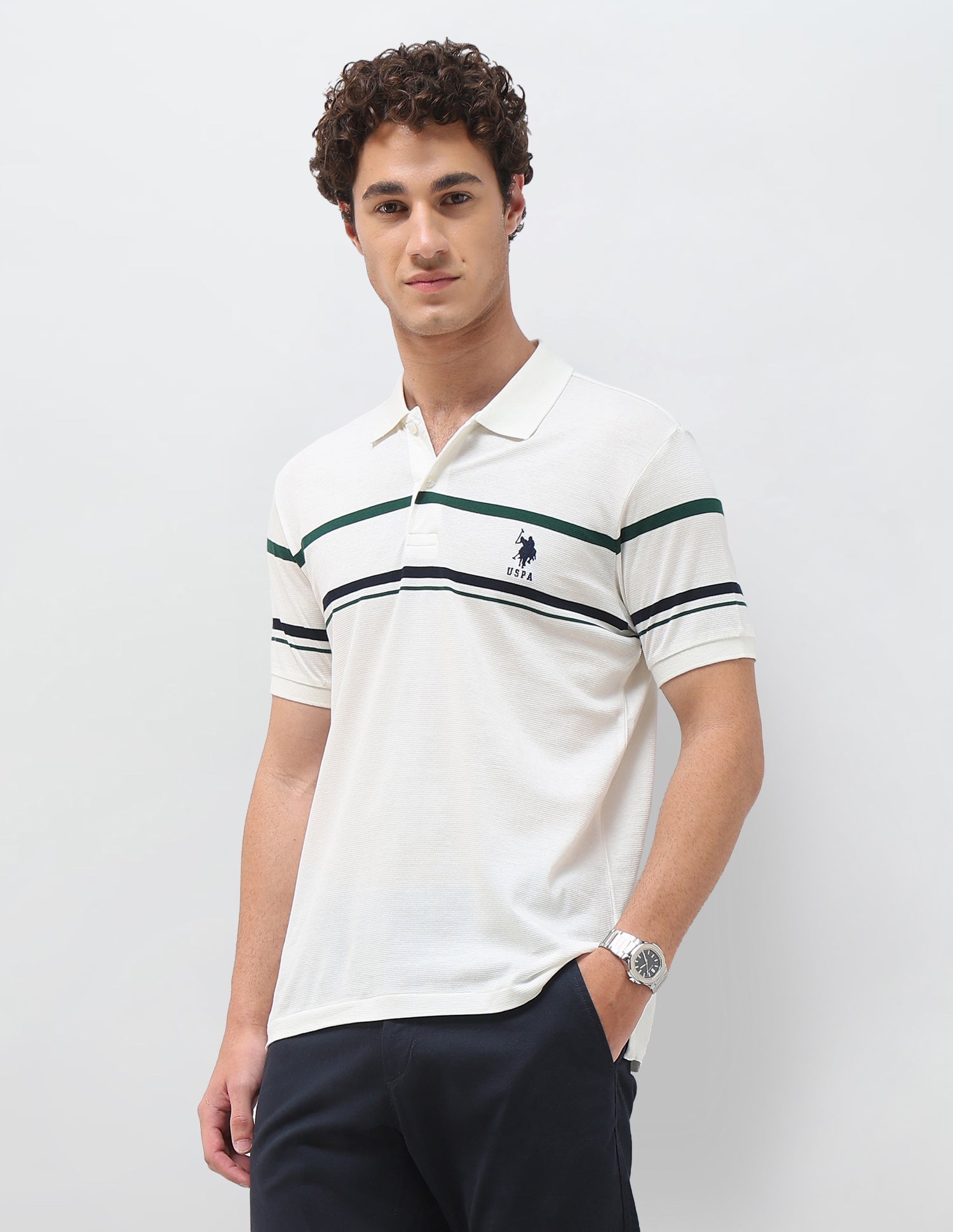 Horizontal Striped Slim Fit Polo Shirt White - U.S. Polo Assn. India | Large
