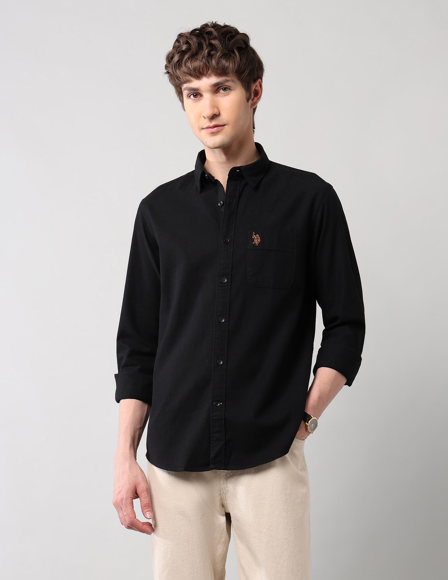 Pure Cotton Regular Fit Dobby Shirt Black - U.S. Polo Assn. India | Large