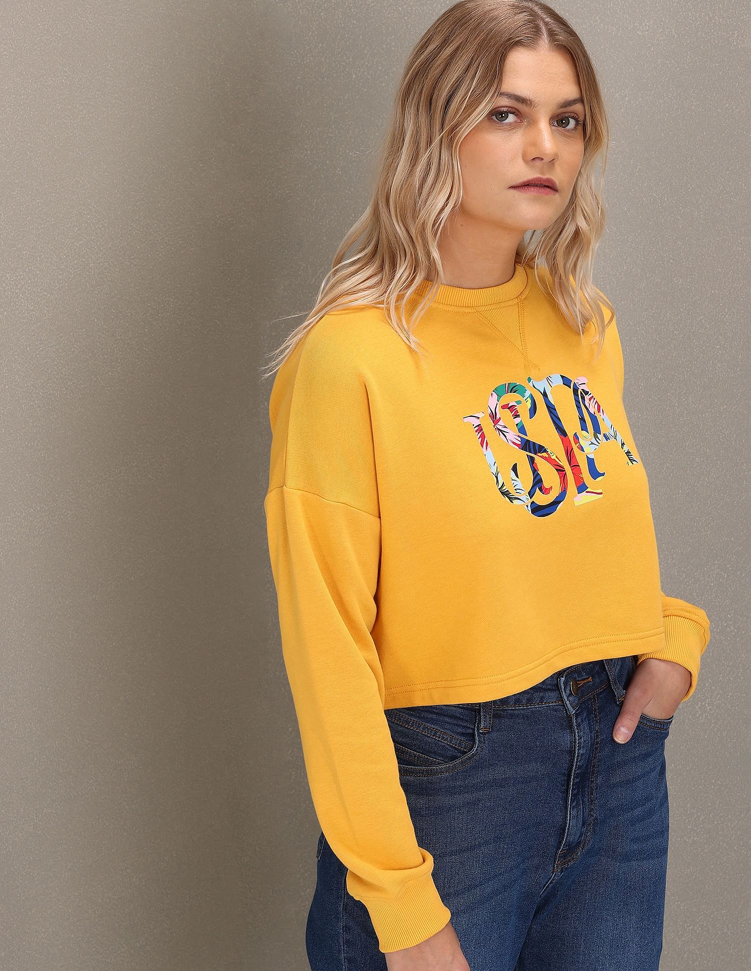 Crew Neck Brand Print Cropped Sweatshirt Mustard - U.S. Polo Assn. India | Large