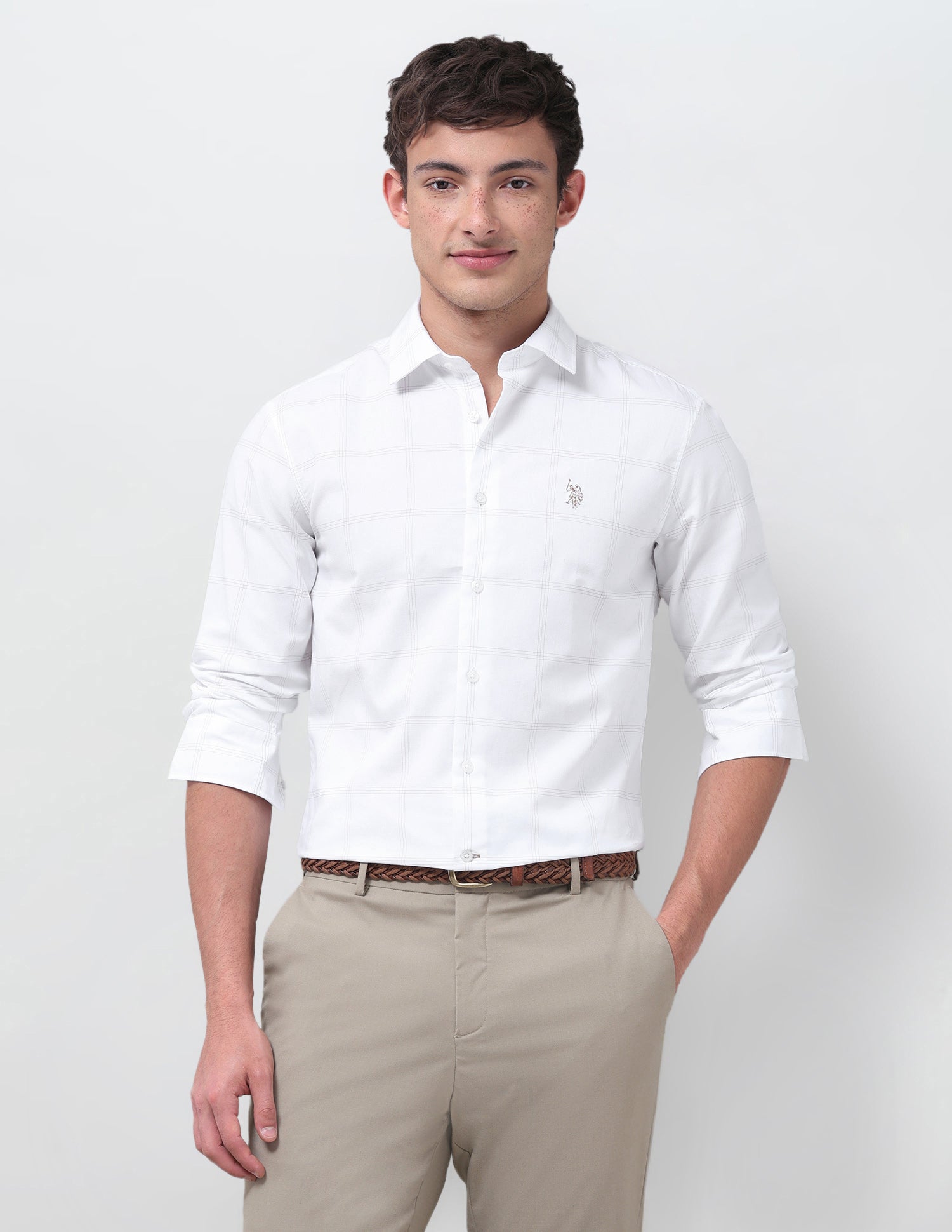 Grid Tattersall Checked Regular Fit Shirt White - U.S. Polo Assn. India | Large