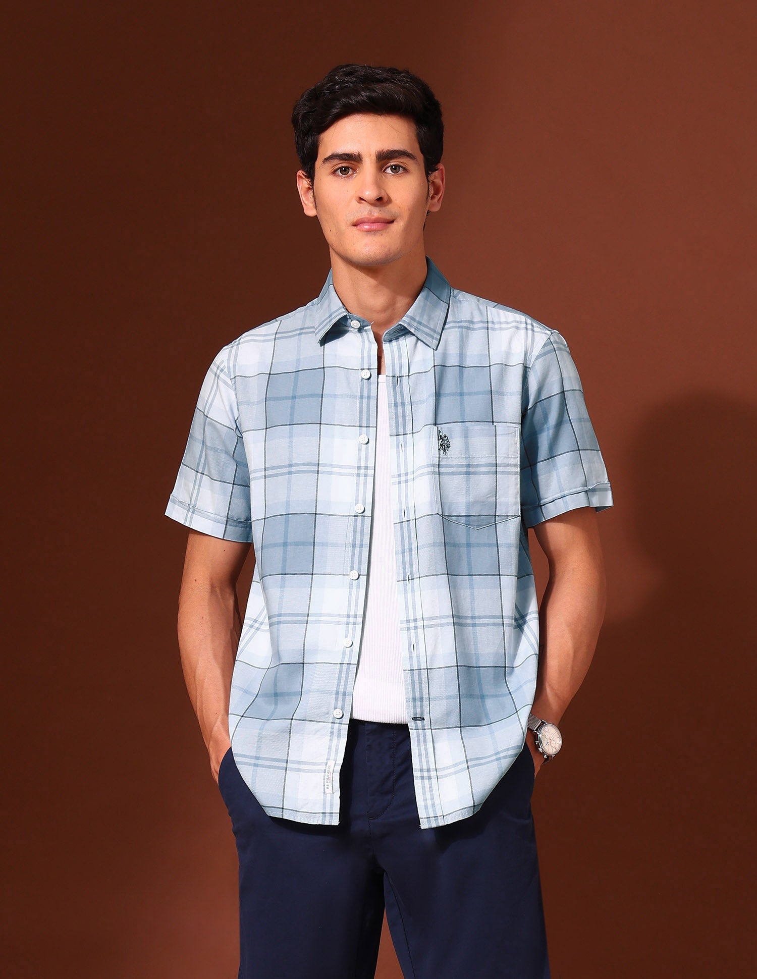 Plaid Checked Pure Cotton Shirt Light Blue - U.S. Polo Assn. India | Large