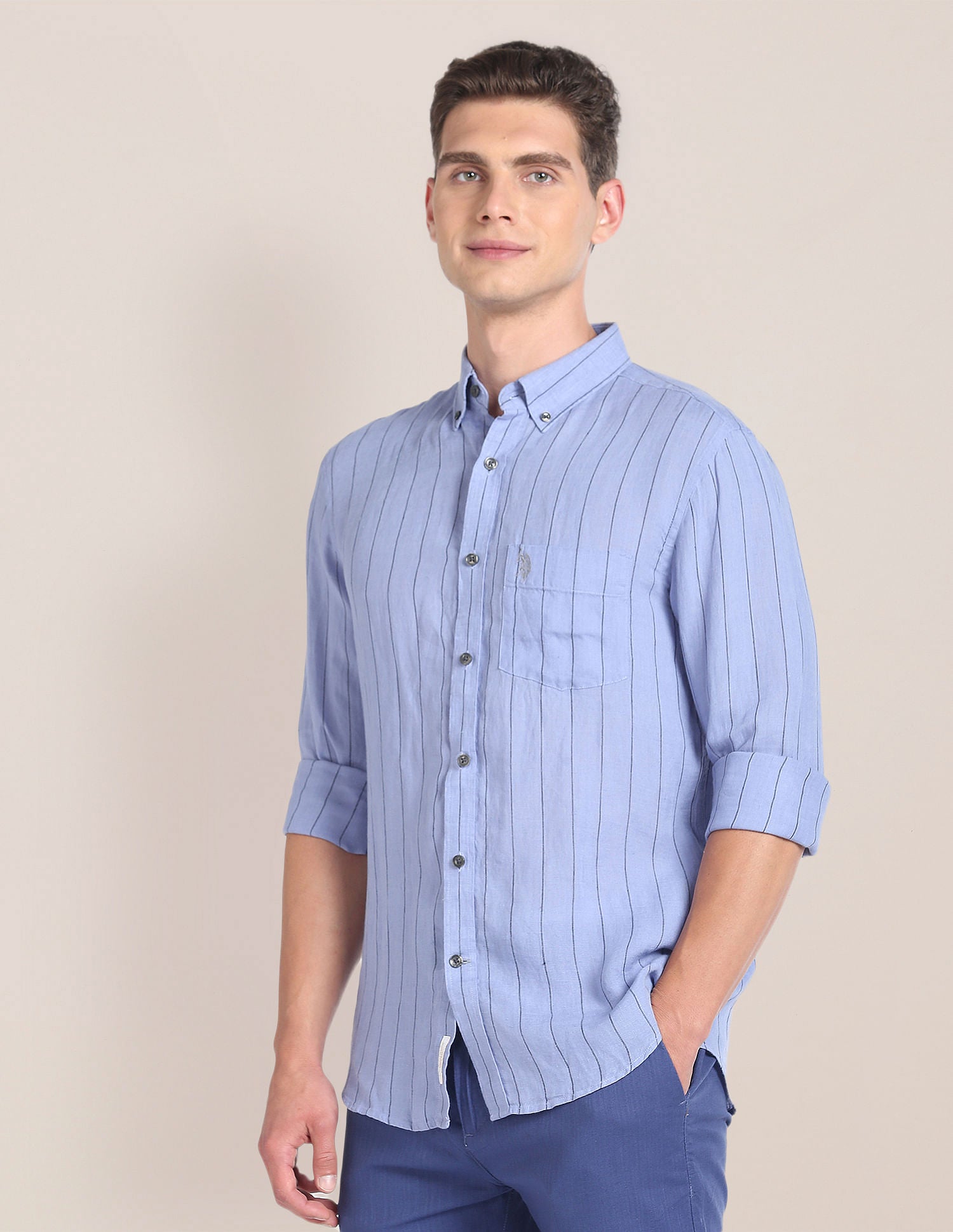 Vertical Stripe Linen Shirt Blue - U.S. Polo Assn. India | Large