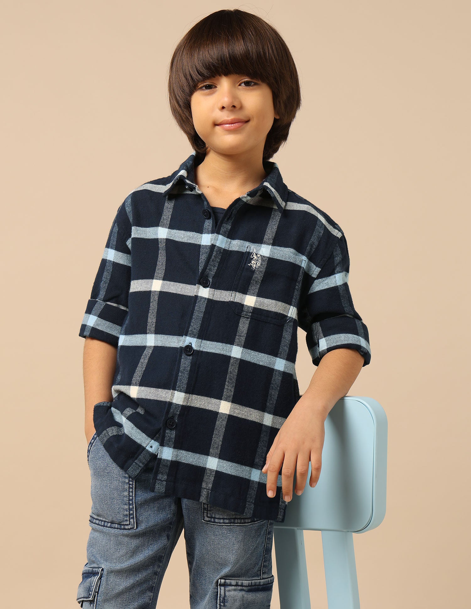 Boys Windowpane Checked Twill Shirt