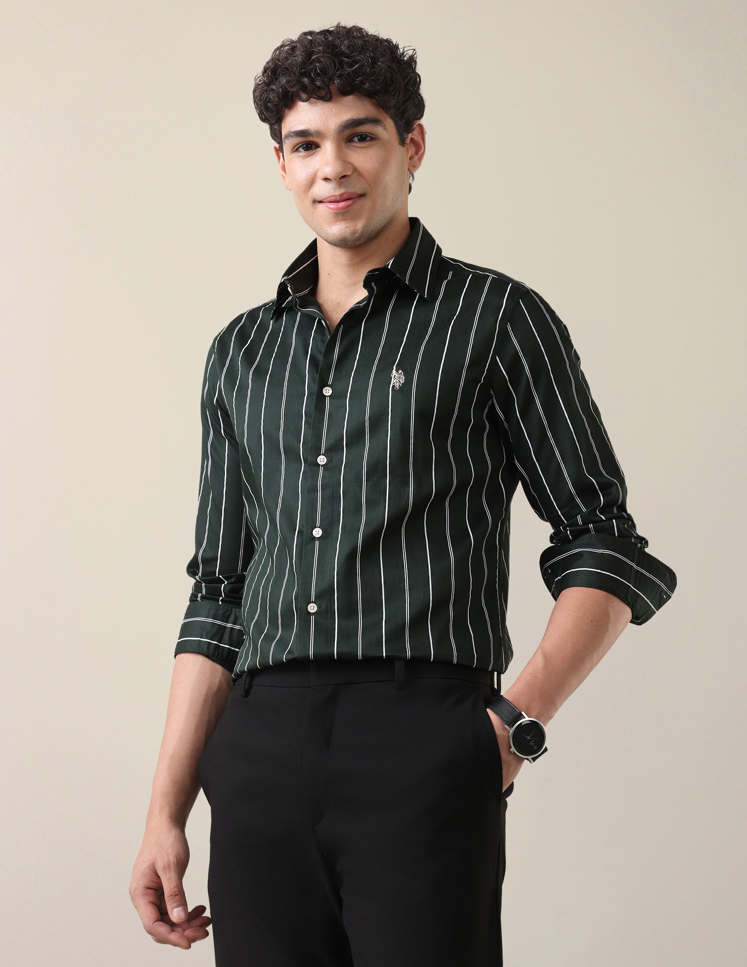 Satin Vertical Striped Shirt Dark Green - U.S. Polo Assn. India | Large