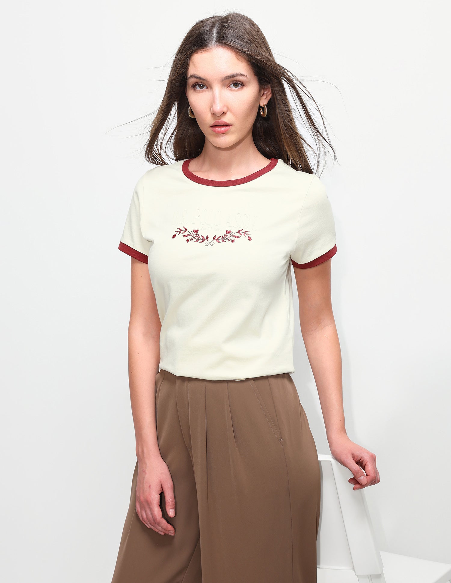 Floral Embroidery Regular Fit Ringer T-Shirt