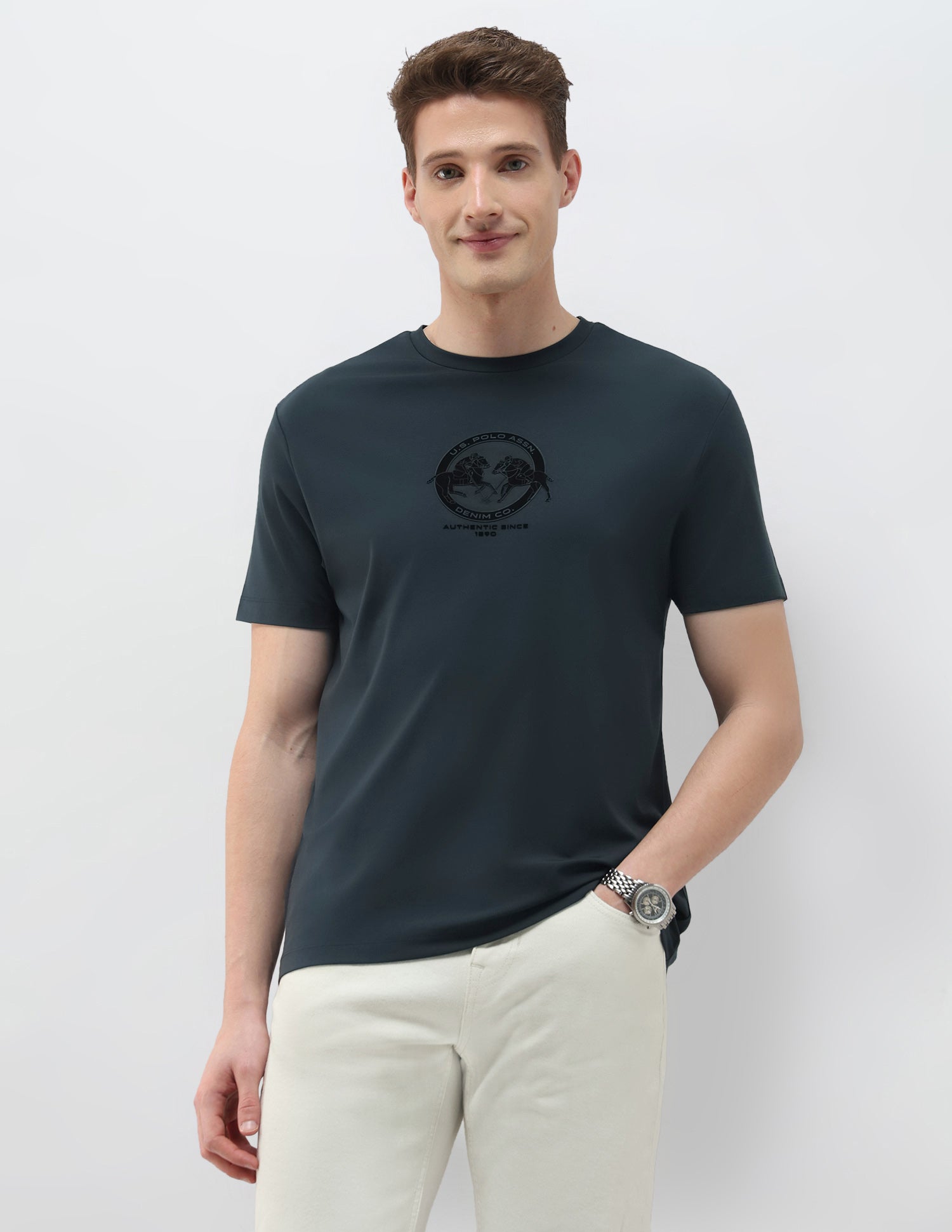 Brand Embossed Black & Gold Slim Fit T-Shirt