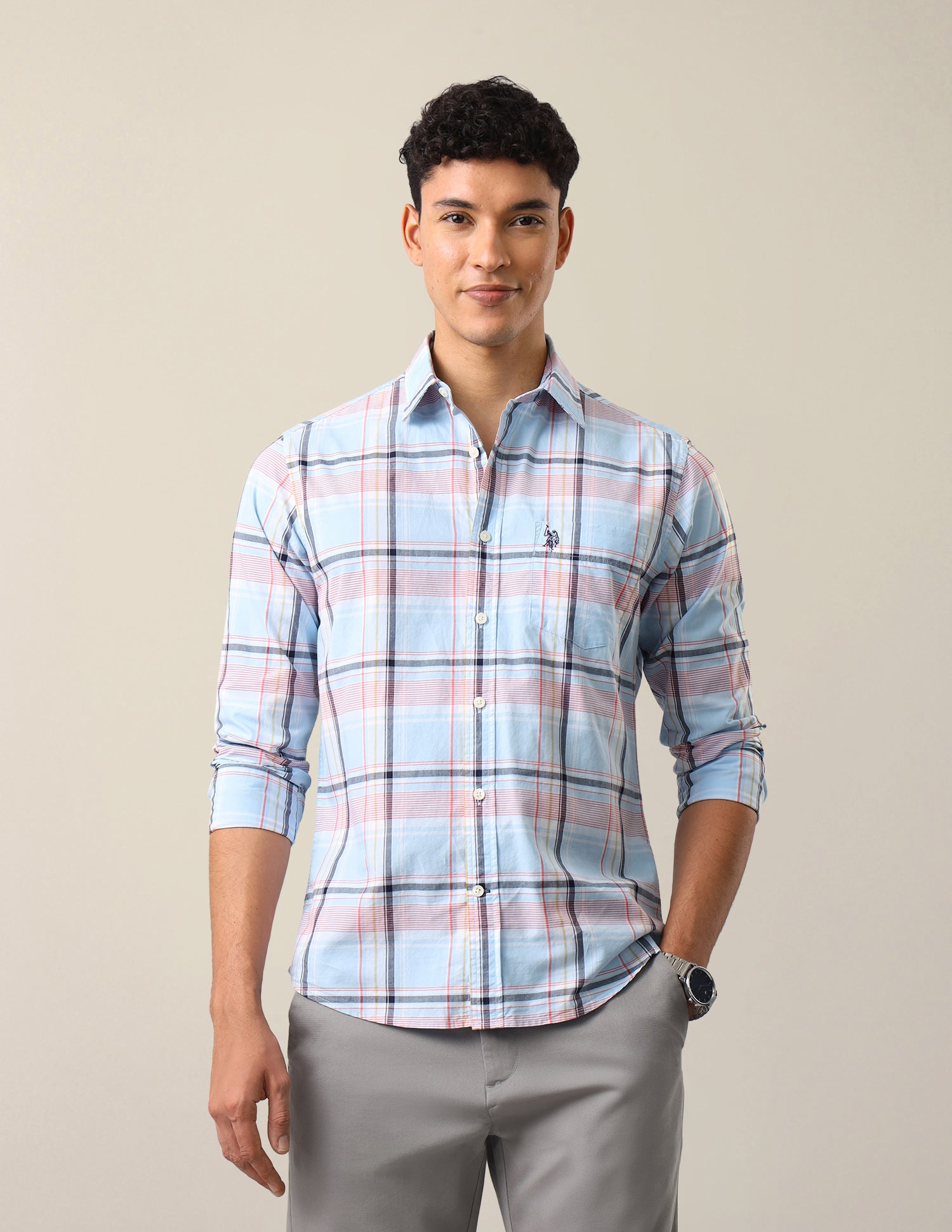Plaid Checked Tailored Fit Shirt Light Blue - U.S. Polo Assn. India | Large