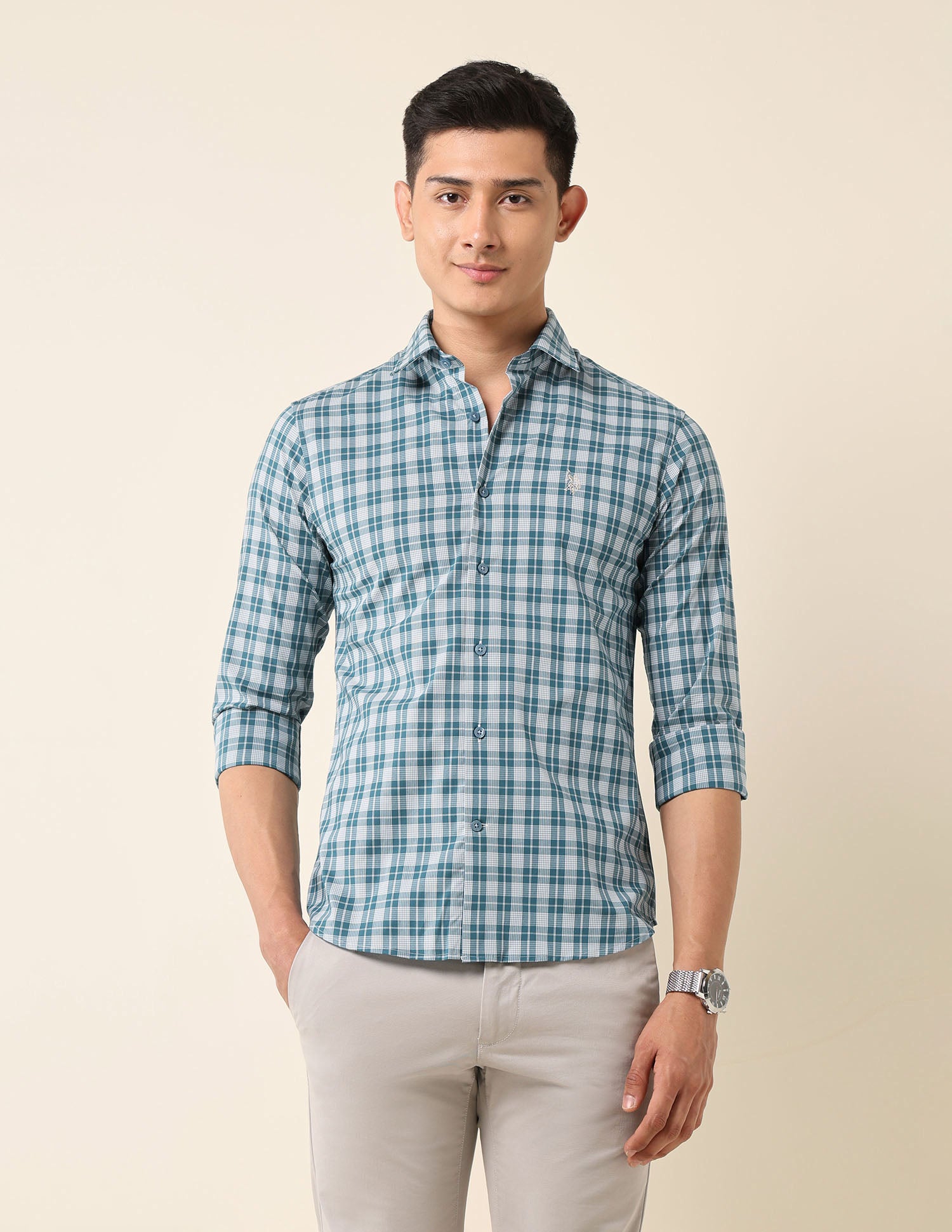 Tailored Fit Plaid Checked Shirt Teal - U.S. Polo Assn. India | Large