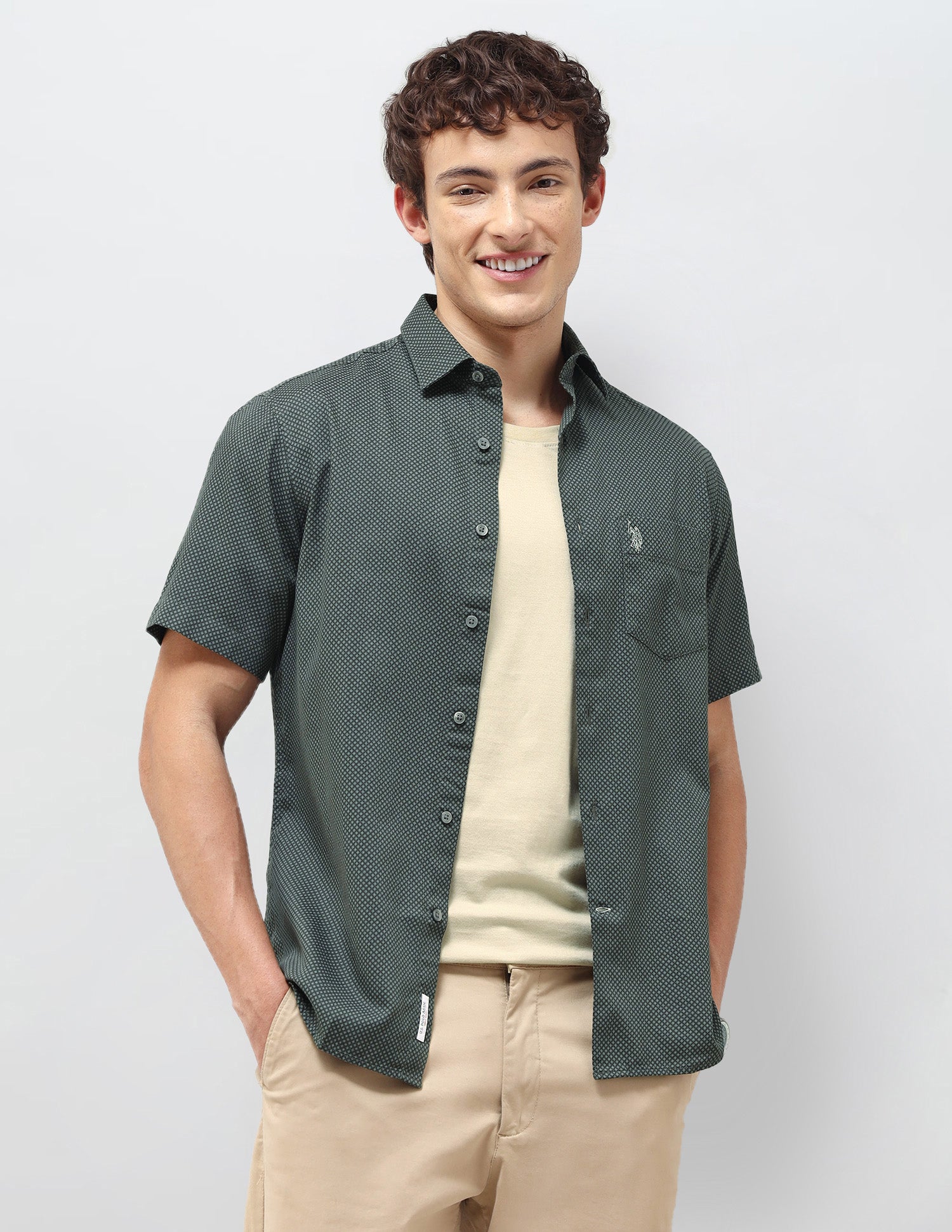 Regular Fit Self Design Geometric Shirt Olive - U.S. Polo Assn. India | Large