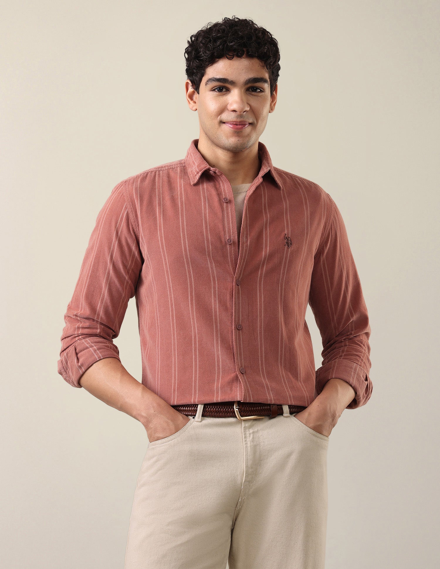 Corduroy Self Design Vertical Striped Shirt Pink - U.S. Polo Assn. India | Large