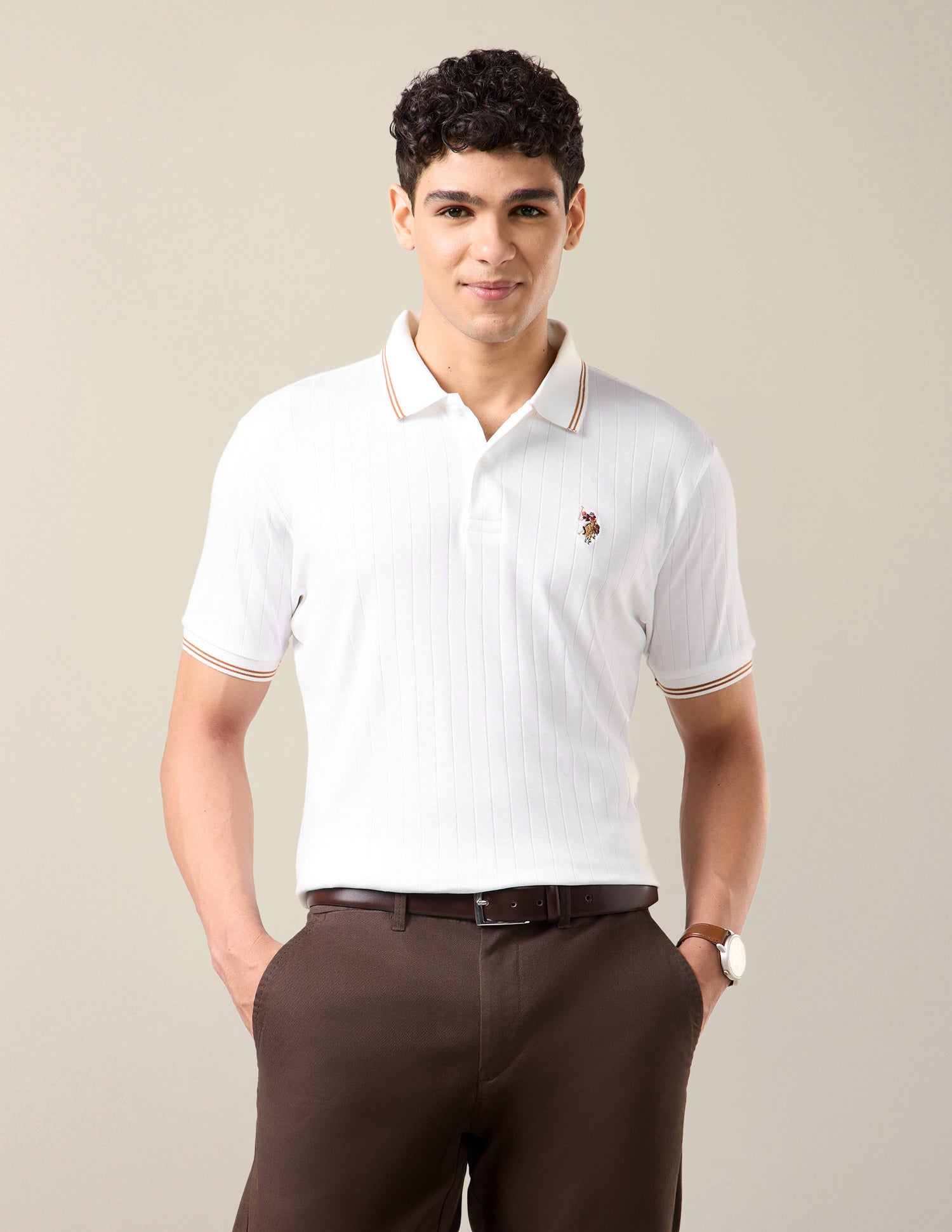 Patterned Knit Slim Fit Polo Shirt White - U.S. Polo Assn. India | Large