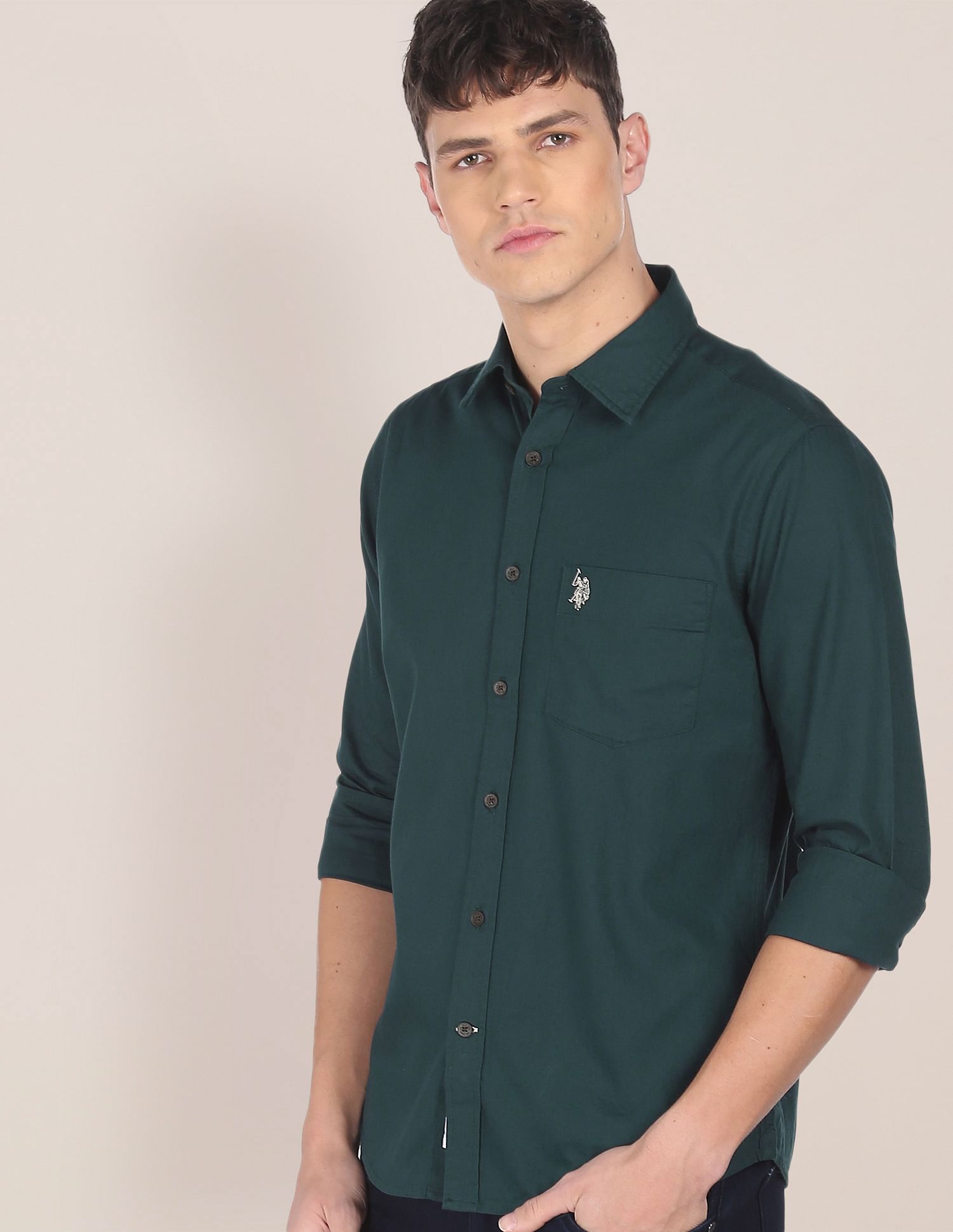 Men Dark Green Spread Collar Solid Casual Shirt Dark Green - U.S. POLO ASSN. | Large