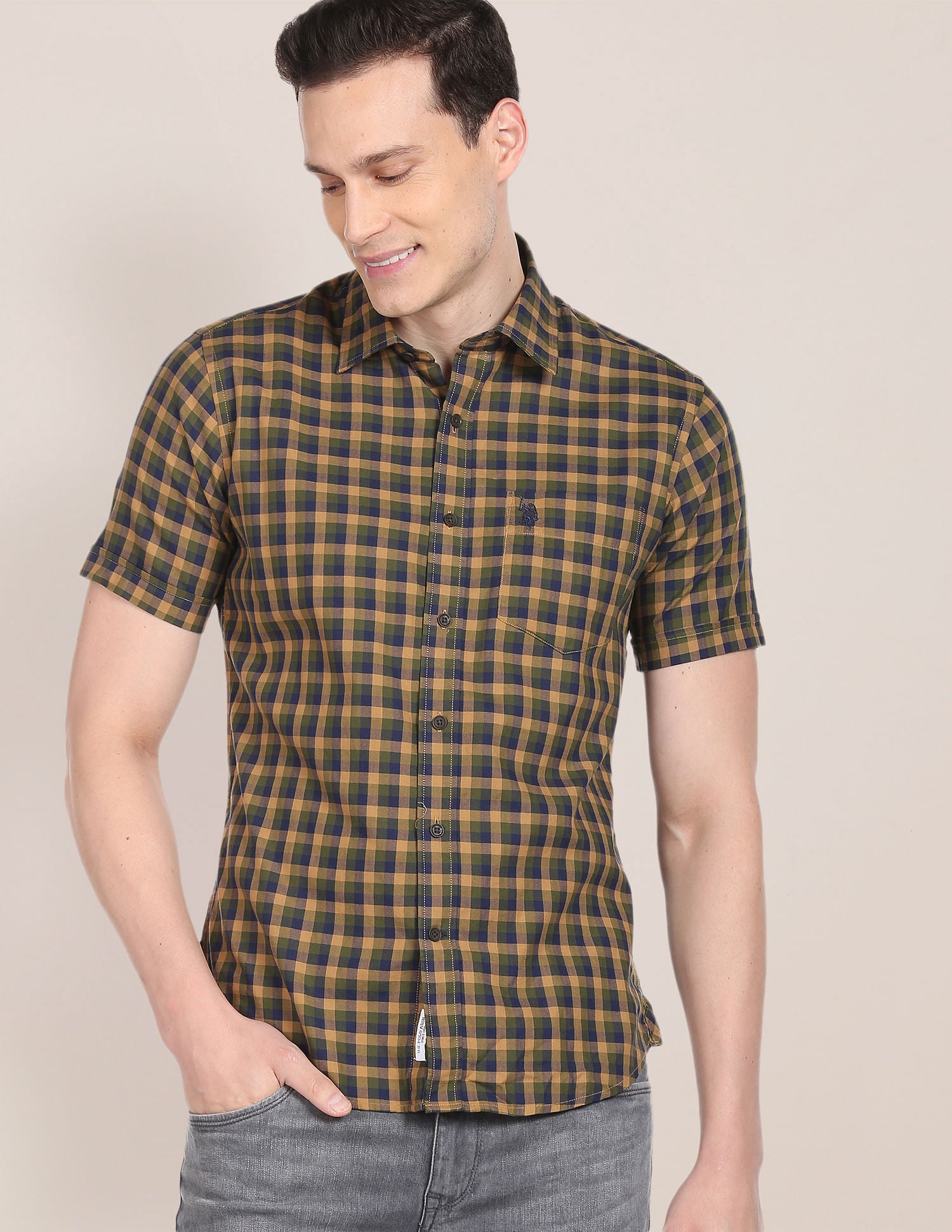 Cutaway Collar Cotton Casual Shirt Green, Brown and Blue - U.S. Polo Assn. India | Large
