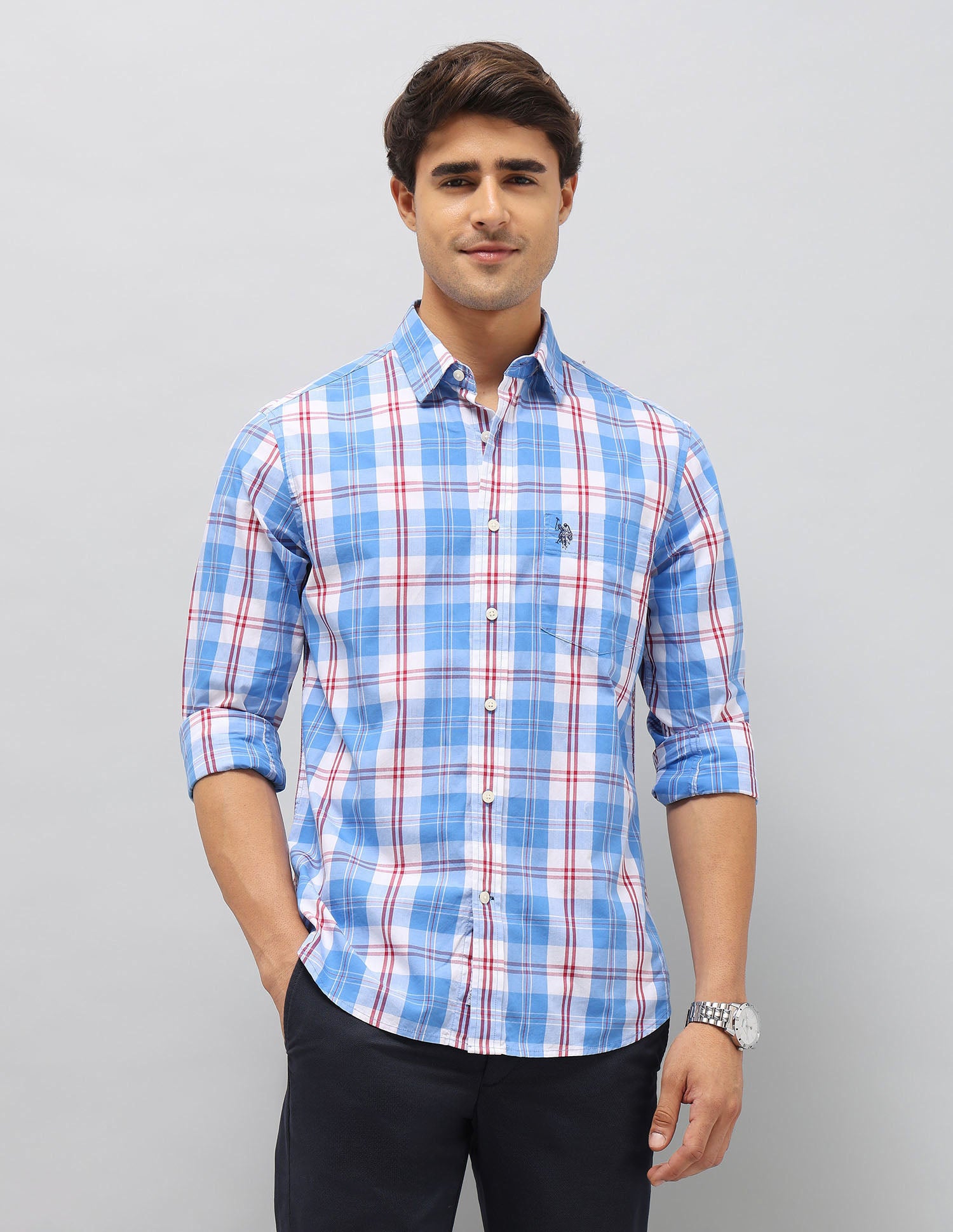Plaid Checked Pure Cotton Shirt Blue - U.S. Polo Assn. India | Large