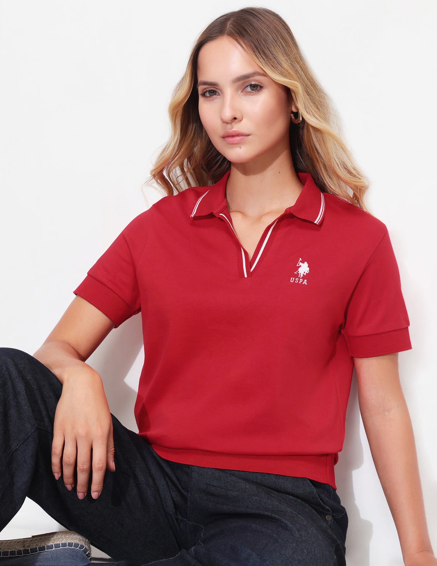 Solid Tipped Collar Regular Fit Polo Shirt Red - U.S. Polo Assn. India | Large