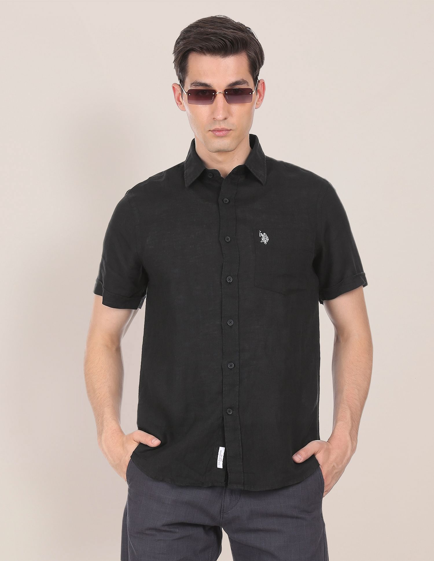 Men Black Short Sleeve Linen Solid Casual Shirt Black - U.S. POLO ASSN. | Large