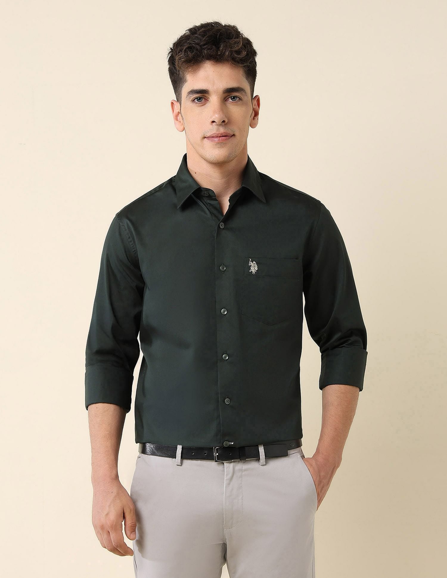 Tailored Fit Satin Shirt Green - U.S. Polo Assn. India | Large