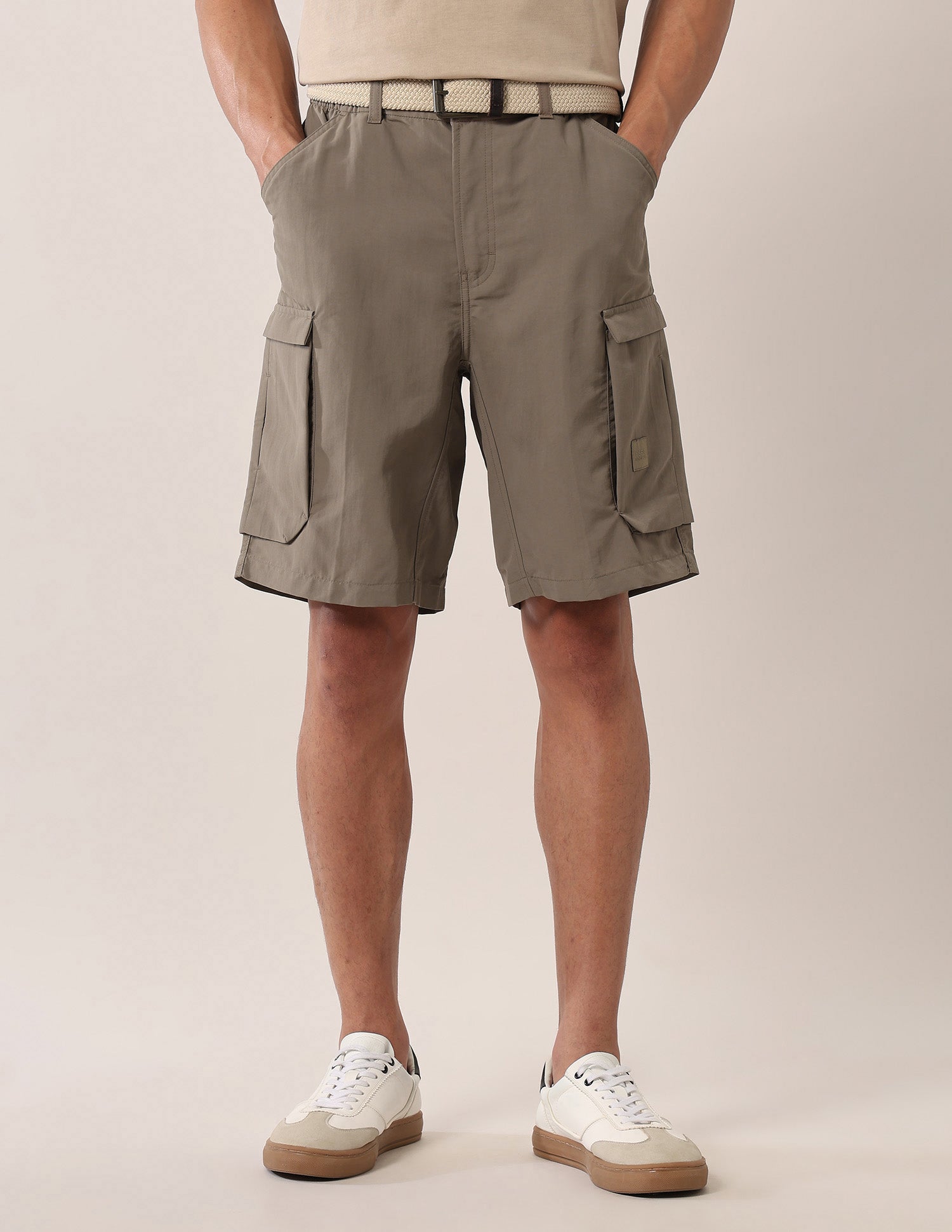 Solid Regular Fit Cargo Shorts Khaki - U.S. Polo Assn. India | Large