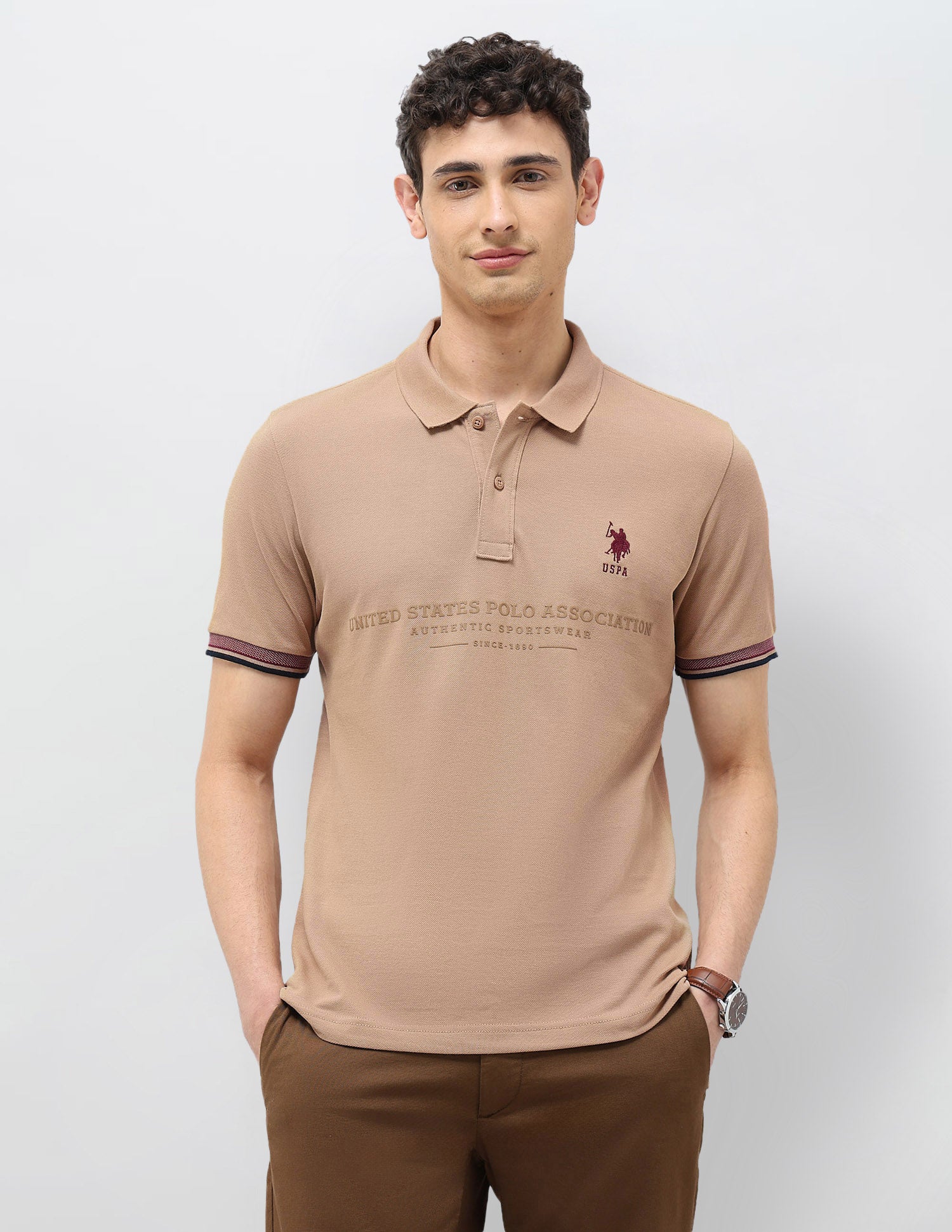 Typographic Printed Slim Fit Polo shirt Beige - U.S. Polo Assn. India | Large