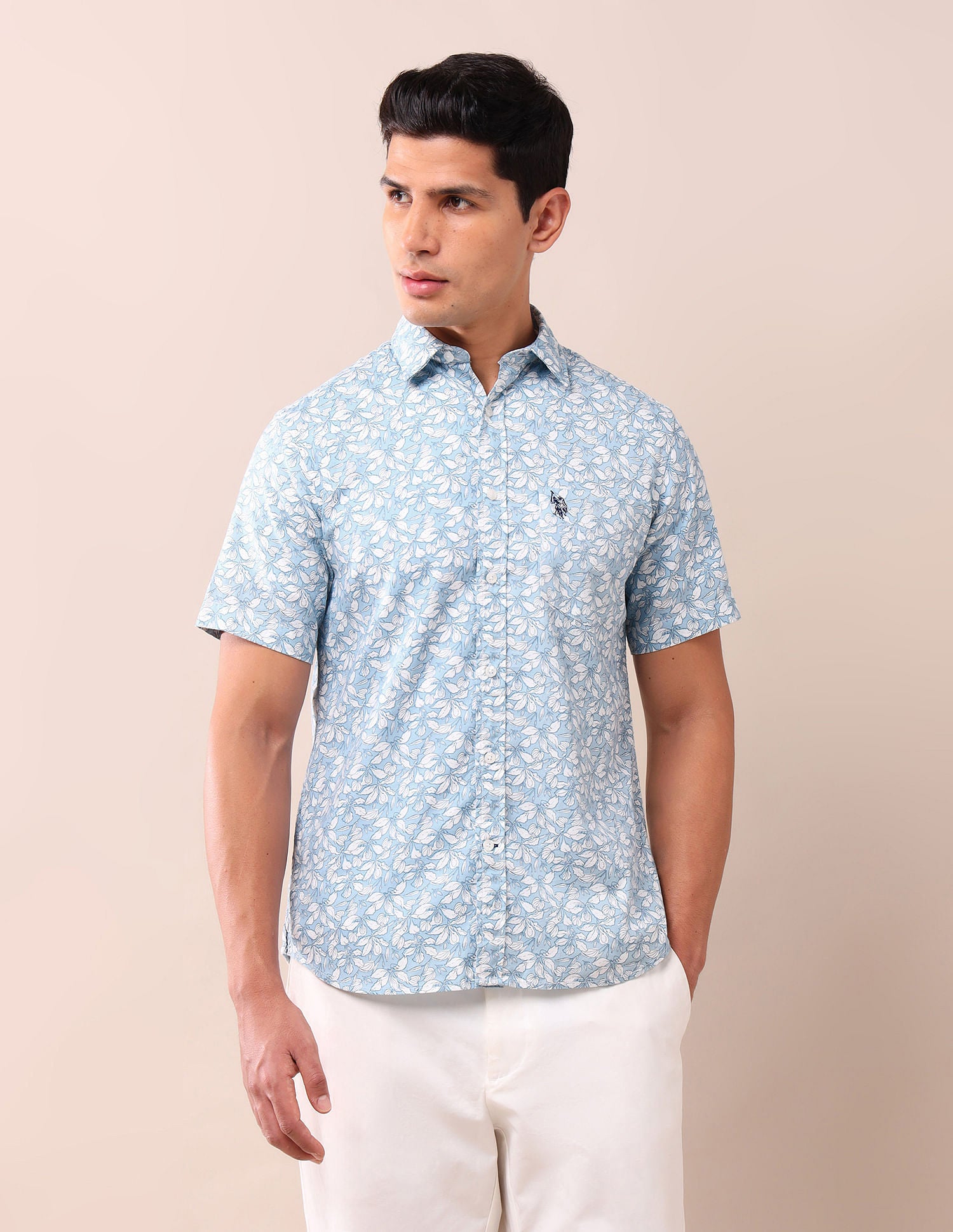Tailored Fit Printed Shirt Light Blue - U.S. Polo Assn. India | Large