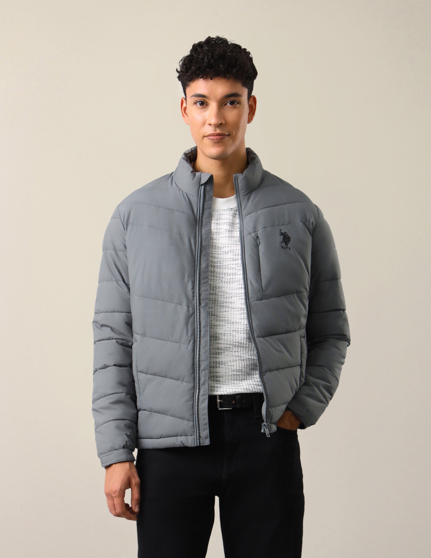 Solid Regular Fit Puffer Jacket Grey - U.S. Polo Assn. India | Large