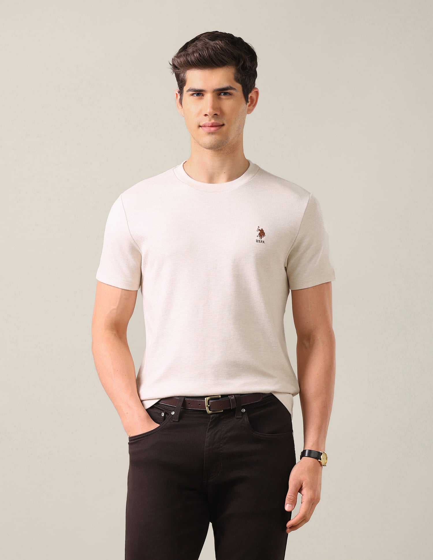 Solid Slim Fit T-Shirt Beige - U.S. Polo Assn. India | Large