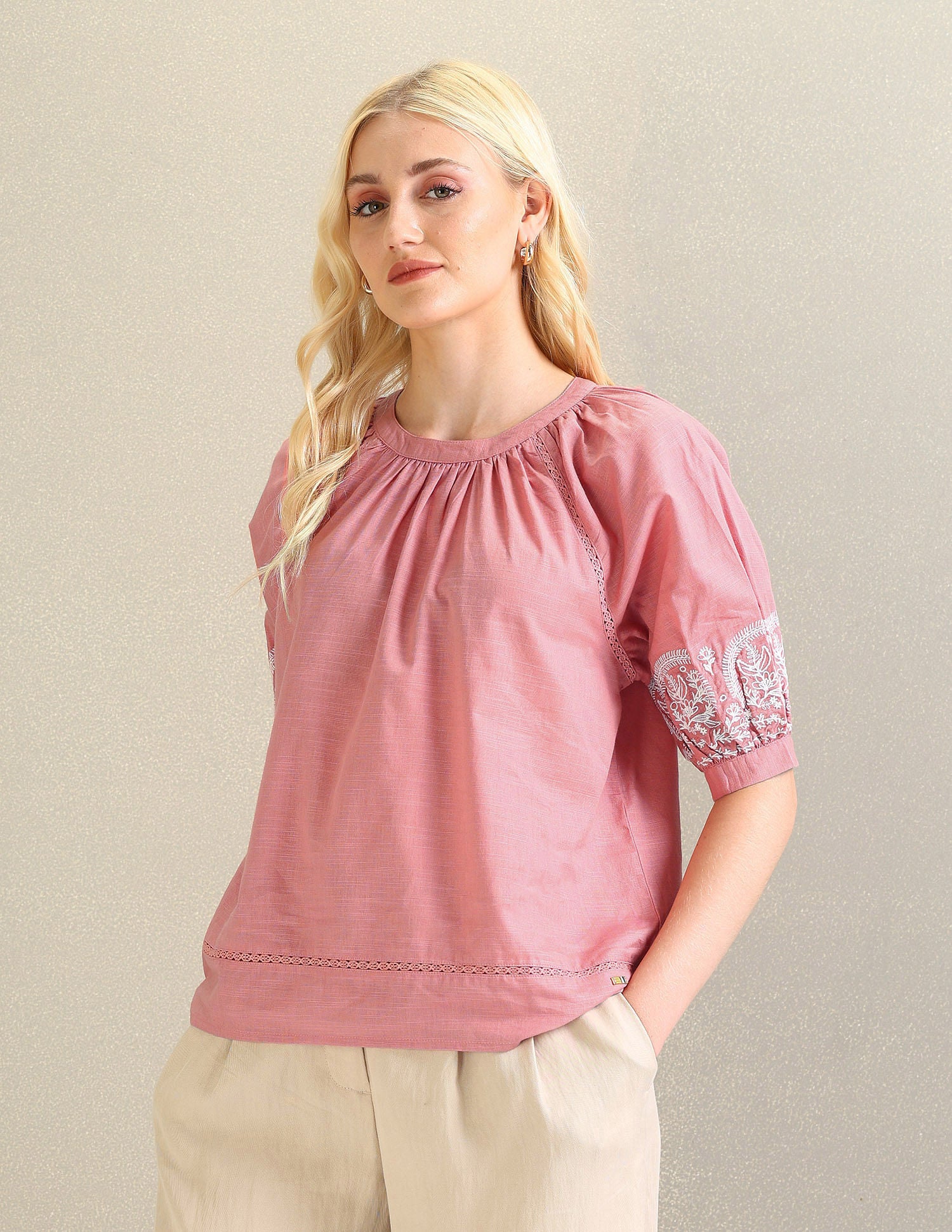 Embroidered Sleeve Cotton Top
