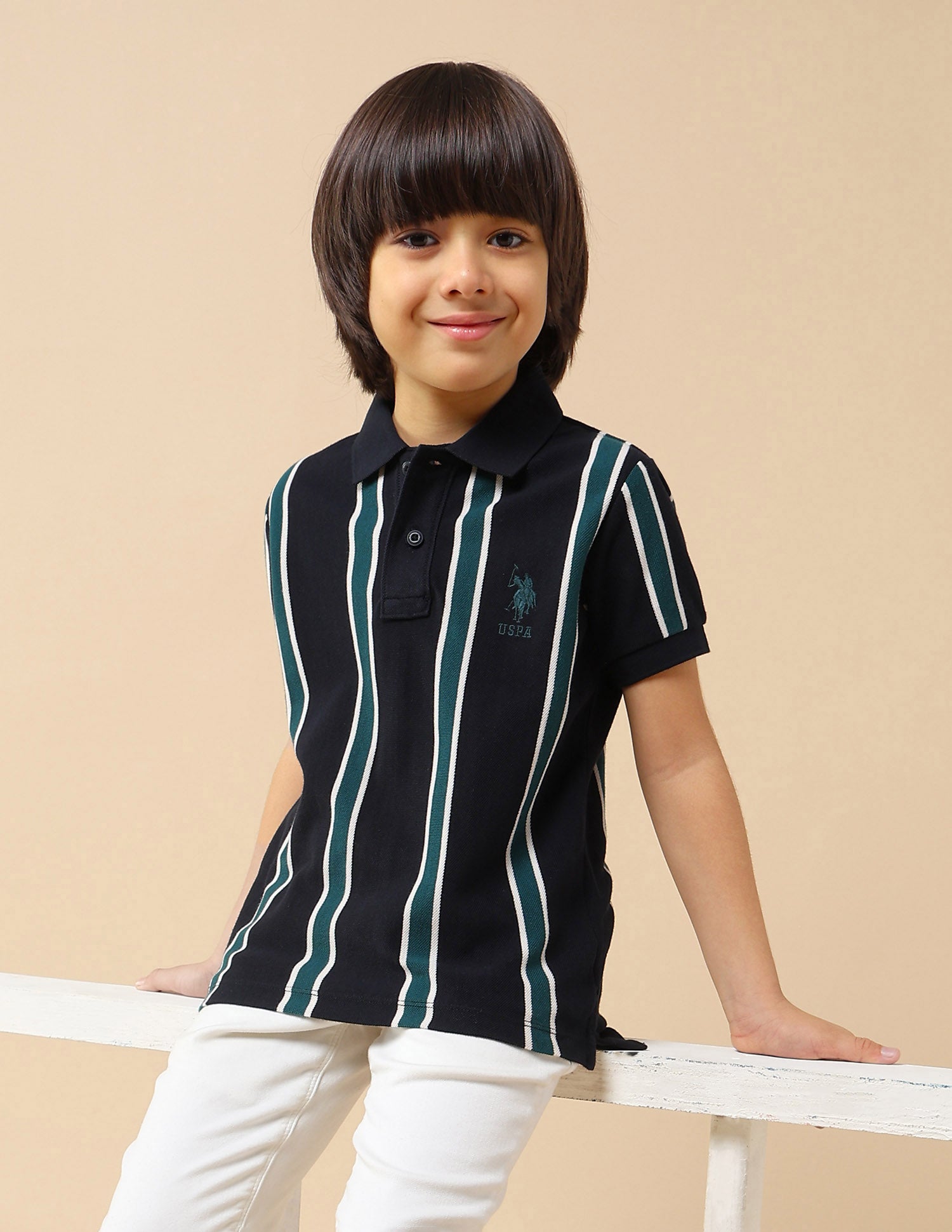 Boys Vertical Striped Regular Fit Polo Shirt