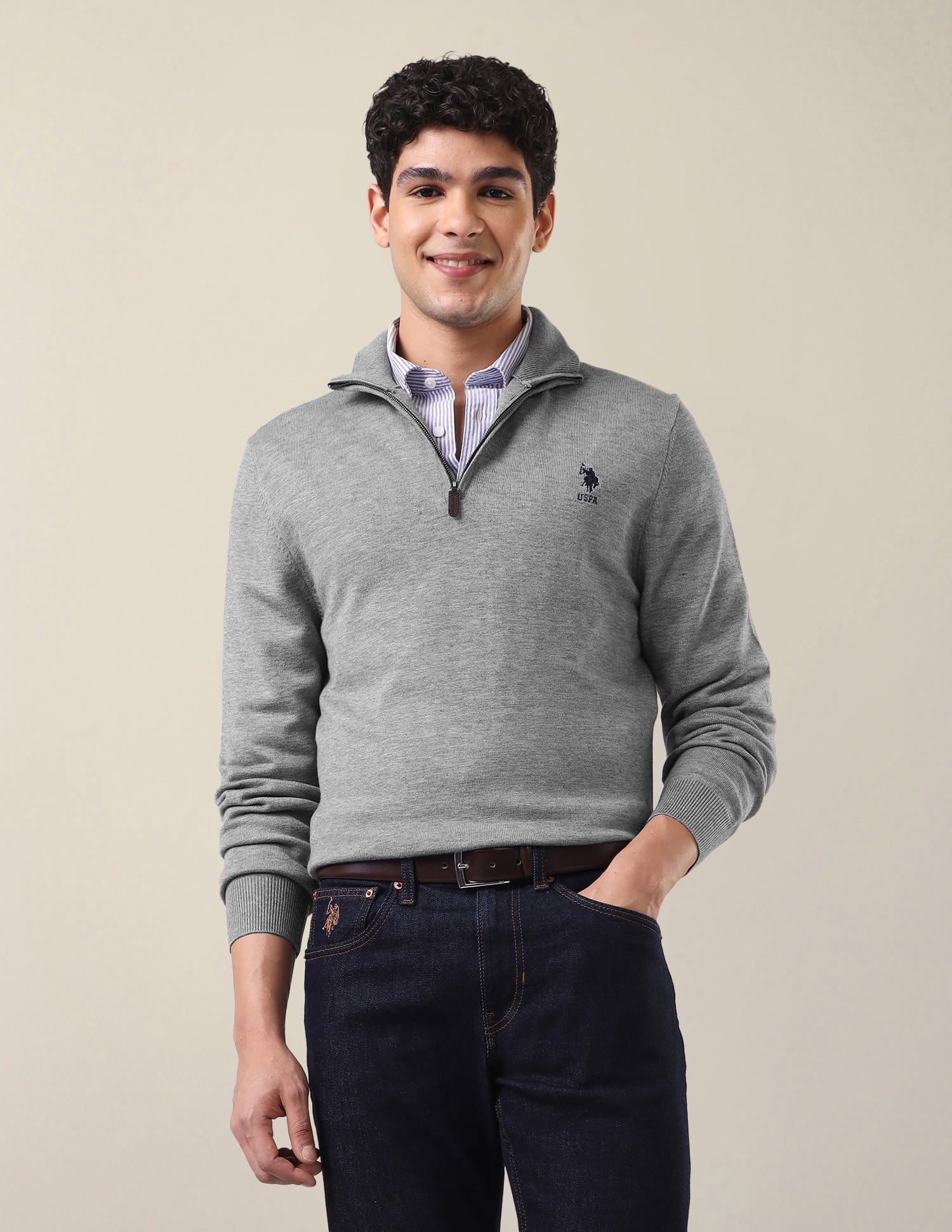 Heathered Regular Fit Sweater Grey - U.S. Polo Assn. India | Large