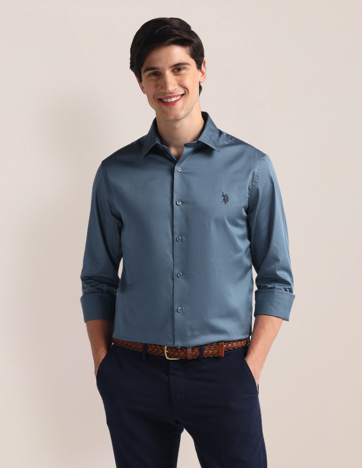 Tailored Fit Pure Cotton Shirt Teal - U.S. Polo Assn. India | Large