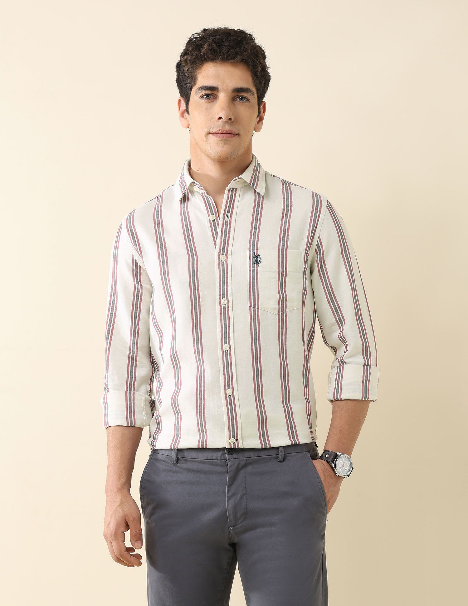 Vertical Striped Pure Cotton Shirt Ivory - U.S. Polo Assn. India | Large