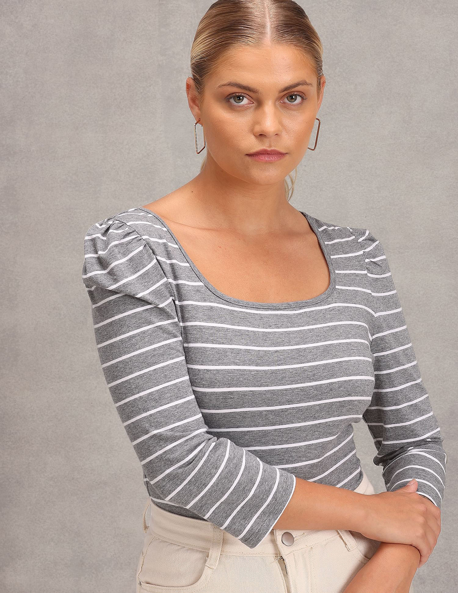 Puff Sleeve Scoop Neck Striped Top Grey - U.S. Polo Assn. India | Large
