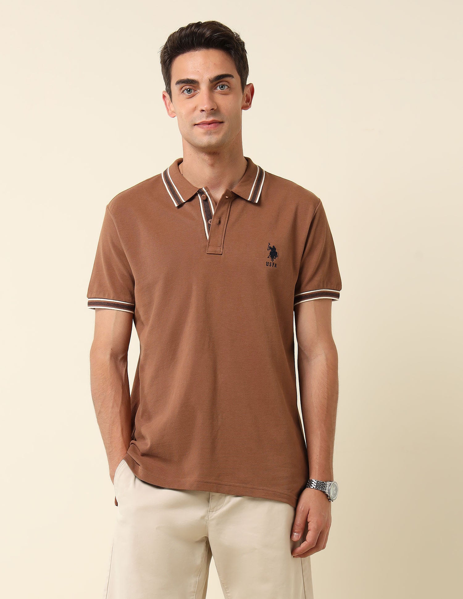 Pure Cotton Slim Fit Polo Shirt Light Brown - U.S. Polo Assn. India | Large
