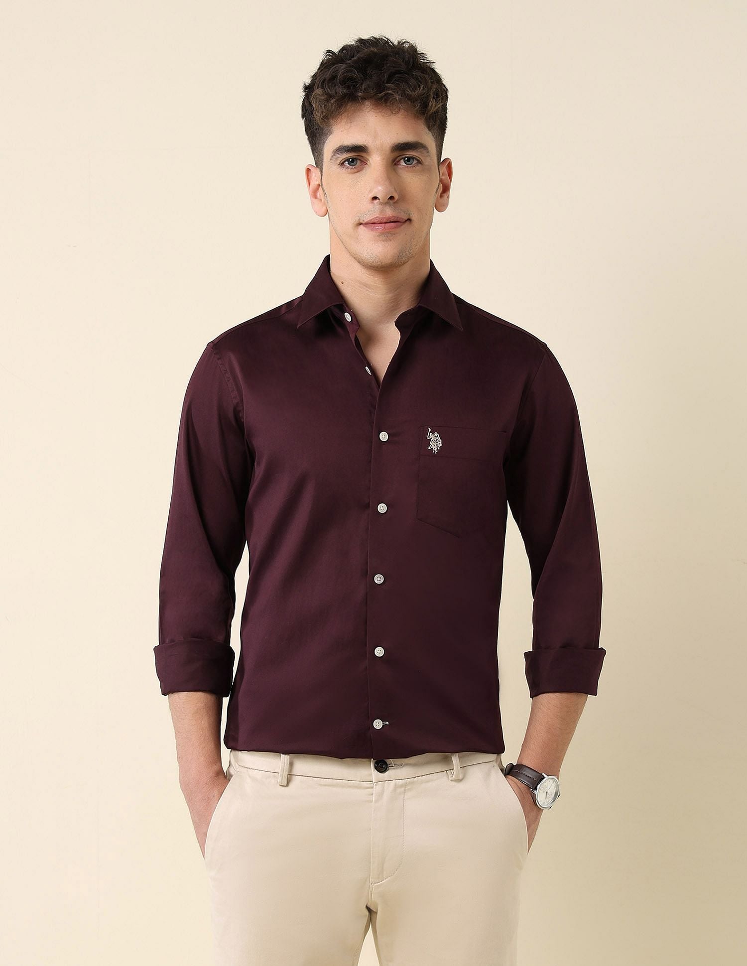 Tailored Fit Satin Shirt Maroon - U.S. Polo Assn. India | Large