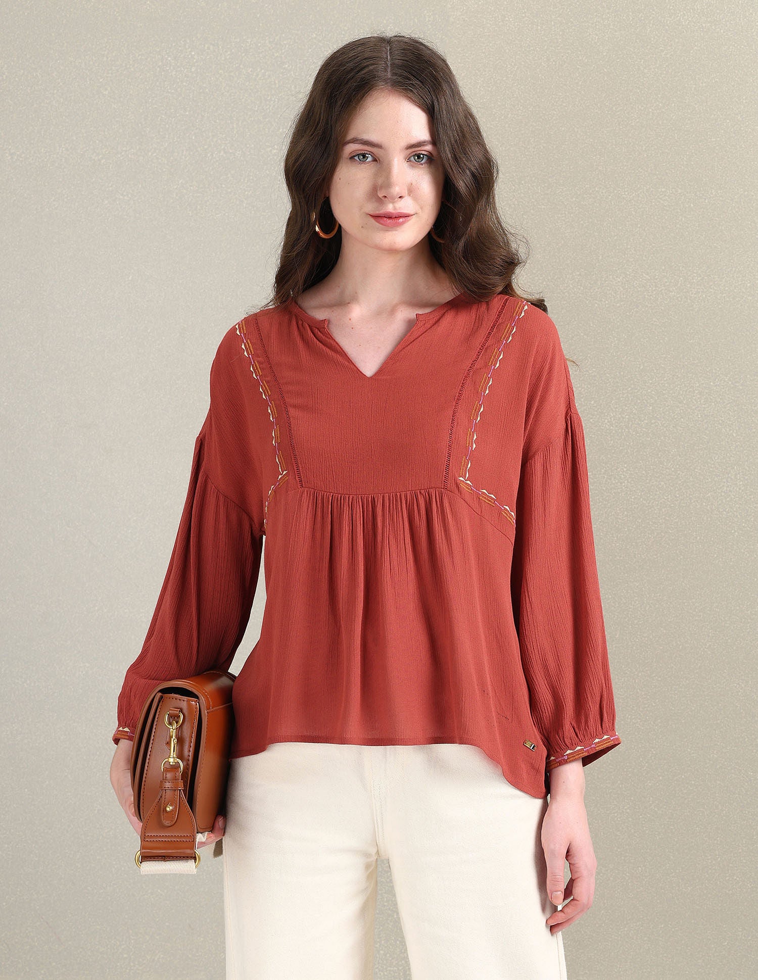Crinkle Viscose Relaxed Top Rust - U.S. Polo Assn. India | Large